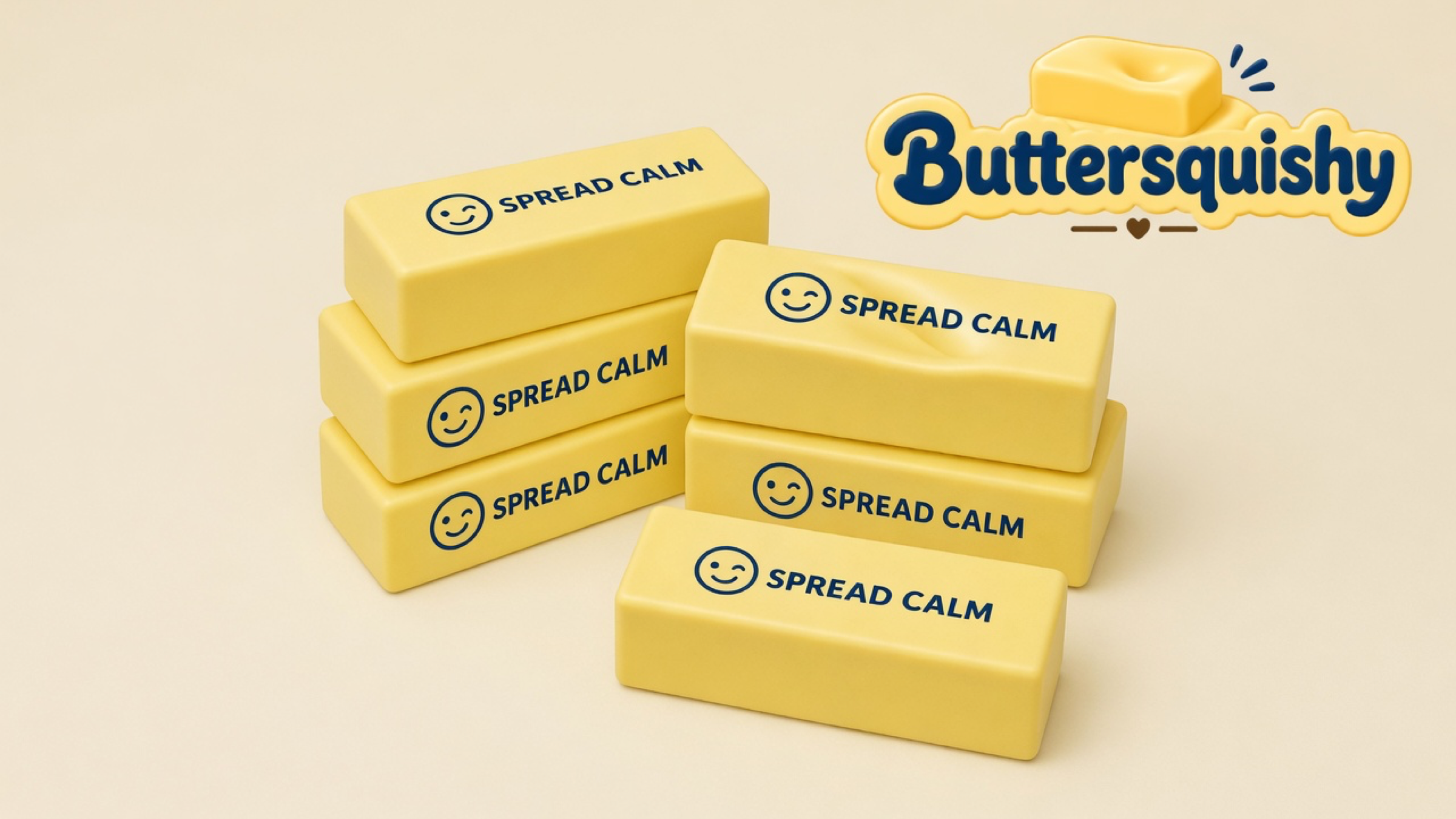 Six pale-yellow Smile Cube sticks with navy SPREAD CALM print and smileys on a light-yellow cream studio, Buttersquishy logo at the upper right