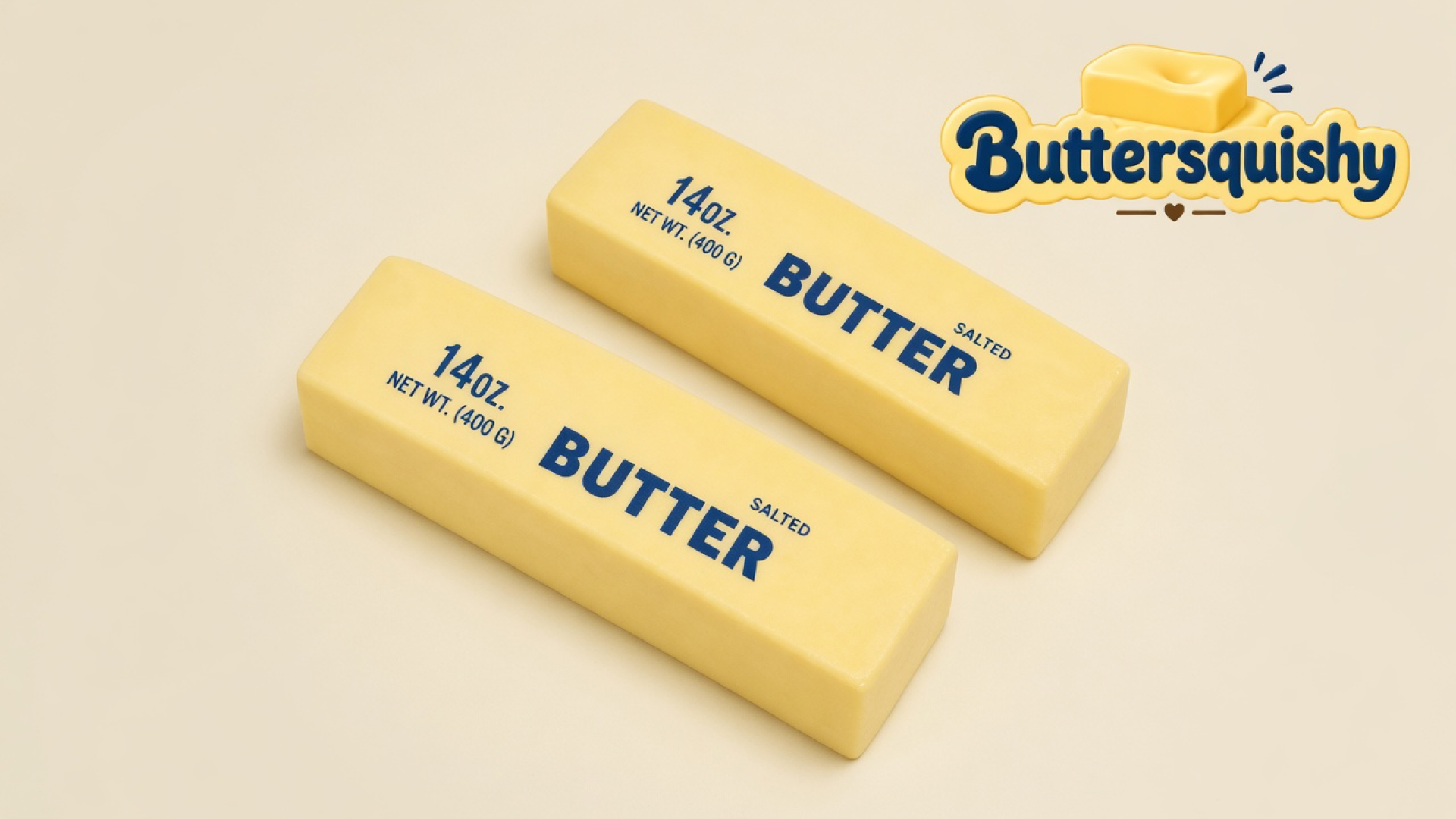Two pale-yellow Jumbo Butter Loaf 14oz sticks printed 14OZ NET WT (400 G) BUTTER SALTED on a light-yellow cream studio, Buttersquishy logo once at the upper right