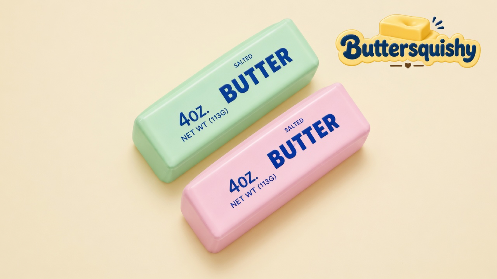Mint-green and pink Mint Berry Crunch Butter sticks printed SALTED BUTTER on a cream studio background, with the Buttersquishy logo in the upper right