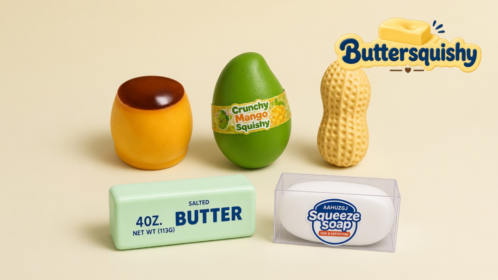 Five Mixed Butter Pack toys — caramel custard cup, green mango band, ridged peanut, mint salted-butter loaf, and boxed squeeze soap — on a light-yellow cream studio with the Buttersquishy logo in the upper right