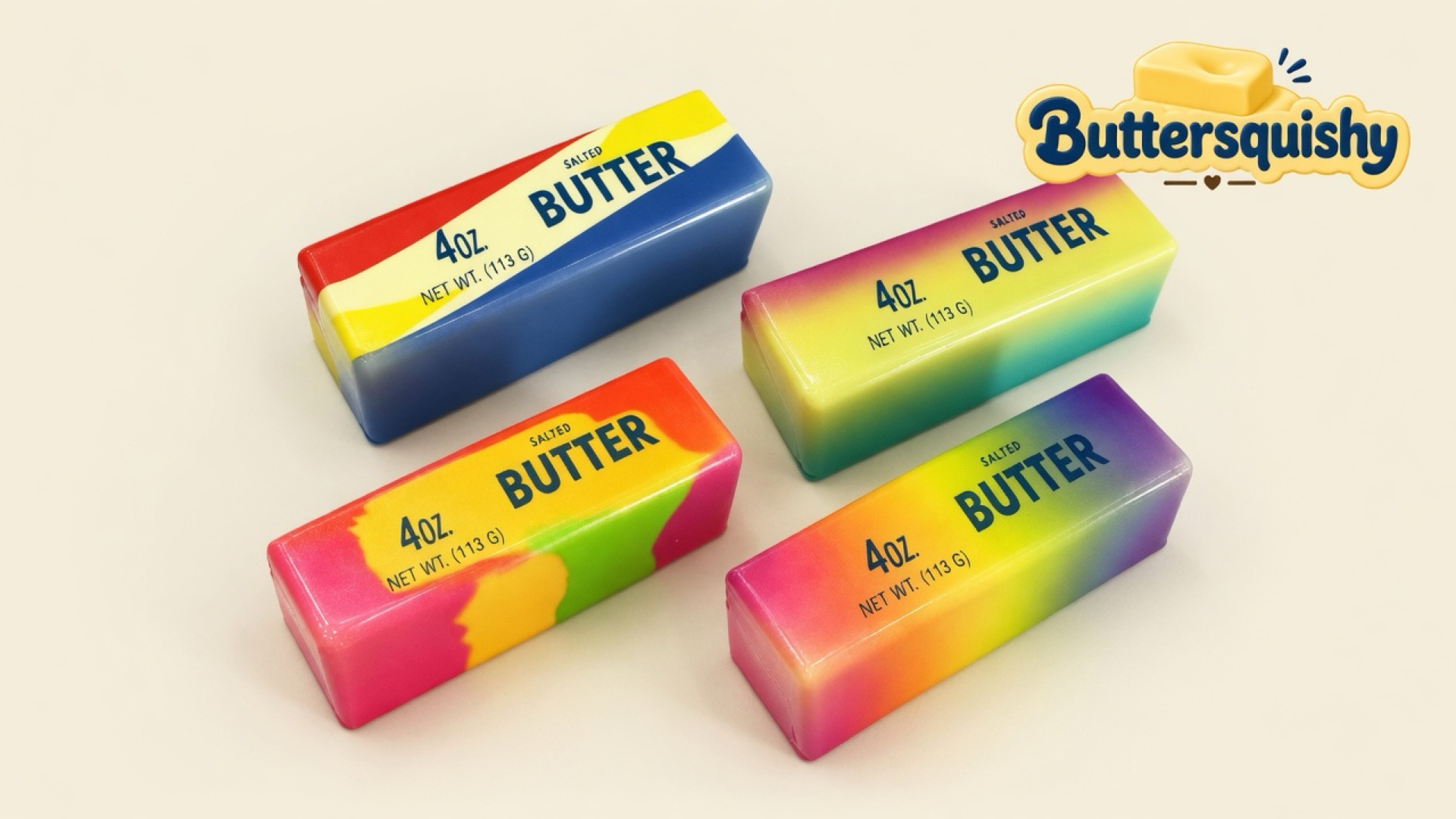 Four rectangular swirl butter sticks — red-blue block, pastel rainbow, blotch lime-pink, and hot sunset gradient — on a light-yellow cream studio, Buttersquishy logo once at the upper right
