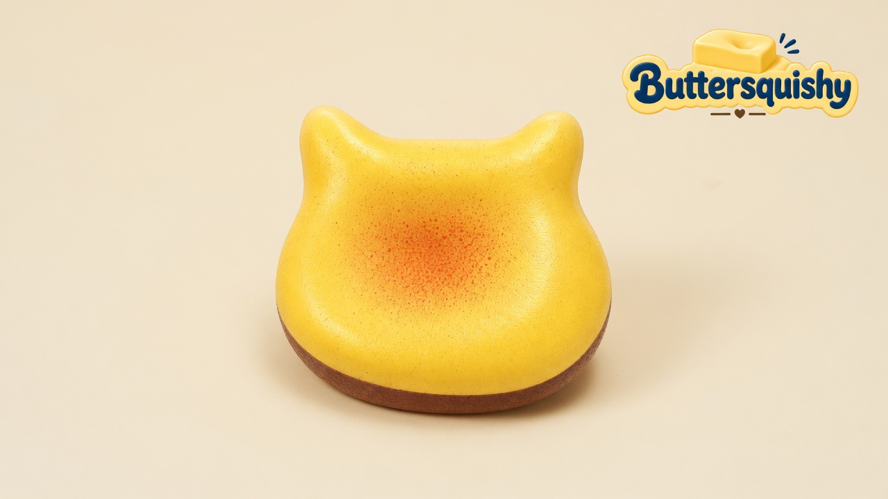 Yellow toast-bun Bread Toast Loaf with two peaks, an orange-red blush, and a brown crust on a cream studio surface, Buttersquishy logo upper right