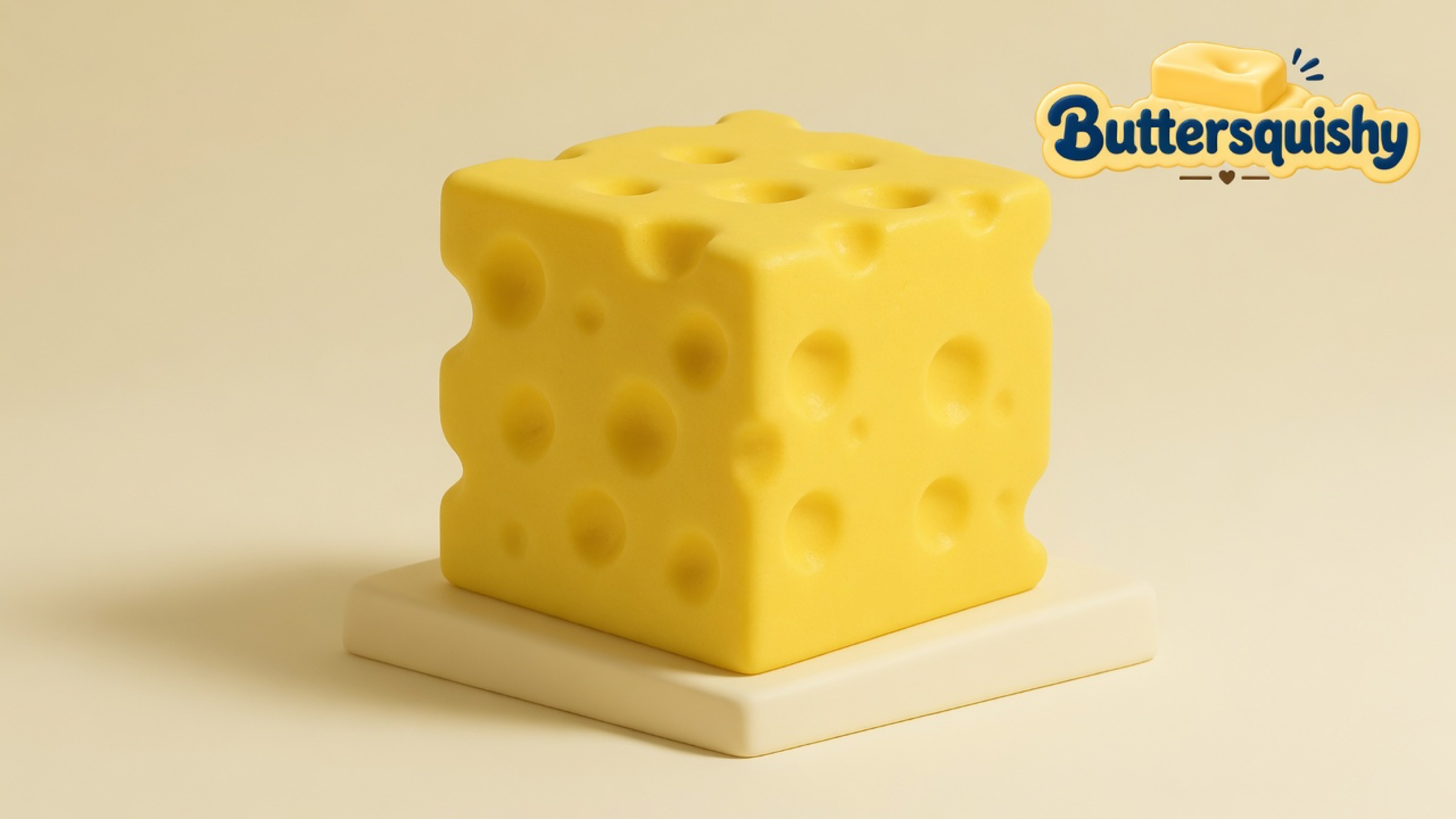One cheddar-yellow Cheese Cube Loaf with mixed-size Swiss holes on a soft light-yellow cream studio surface, Buttersquishy logo in the upper right