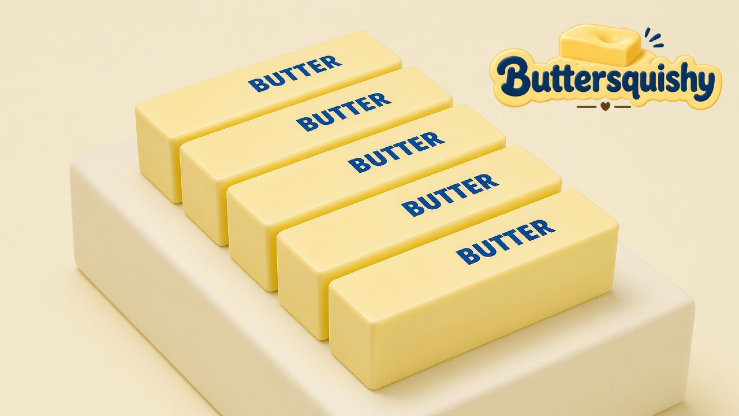 Five pale-yellow rectangular butter sticks printed BUTTER on a light-yellow cream studio platform, Buttersquishy logo in the upper right