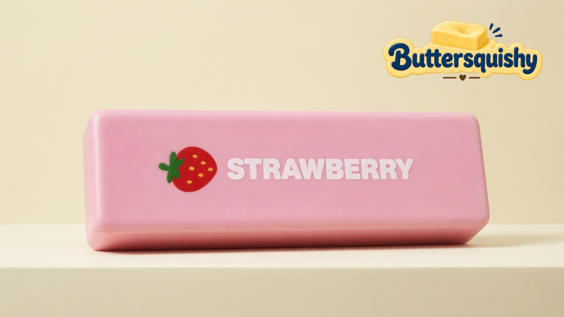 One candy-pink Strawberry Butter Stick with a red berry icon and white STRAWBERRY type on a soft light-yellow cream studio surface, Buttersquishy logo in the upper right