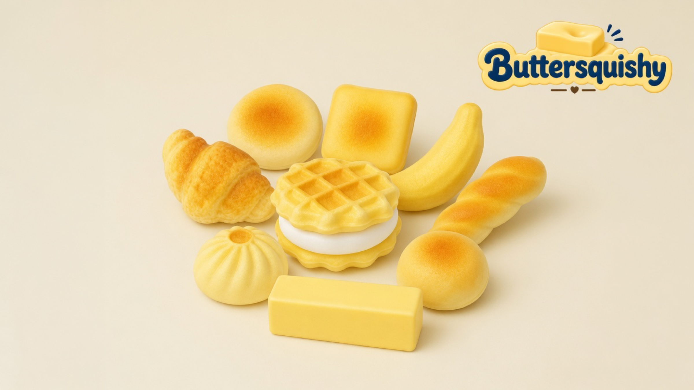 Nine bakery-costume Bread Toast Loaf toys — croissant, two toasted buns, square toast, banana, baguette, bao, waffle sandwich with a white filling, and a butter brick — on a light-yellow cream studio, Buttersquishy logo at upper right