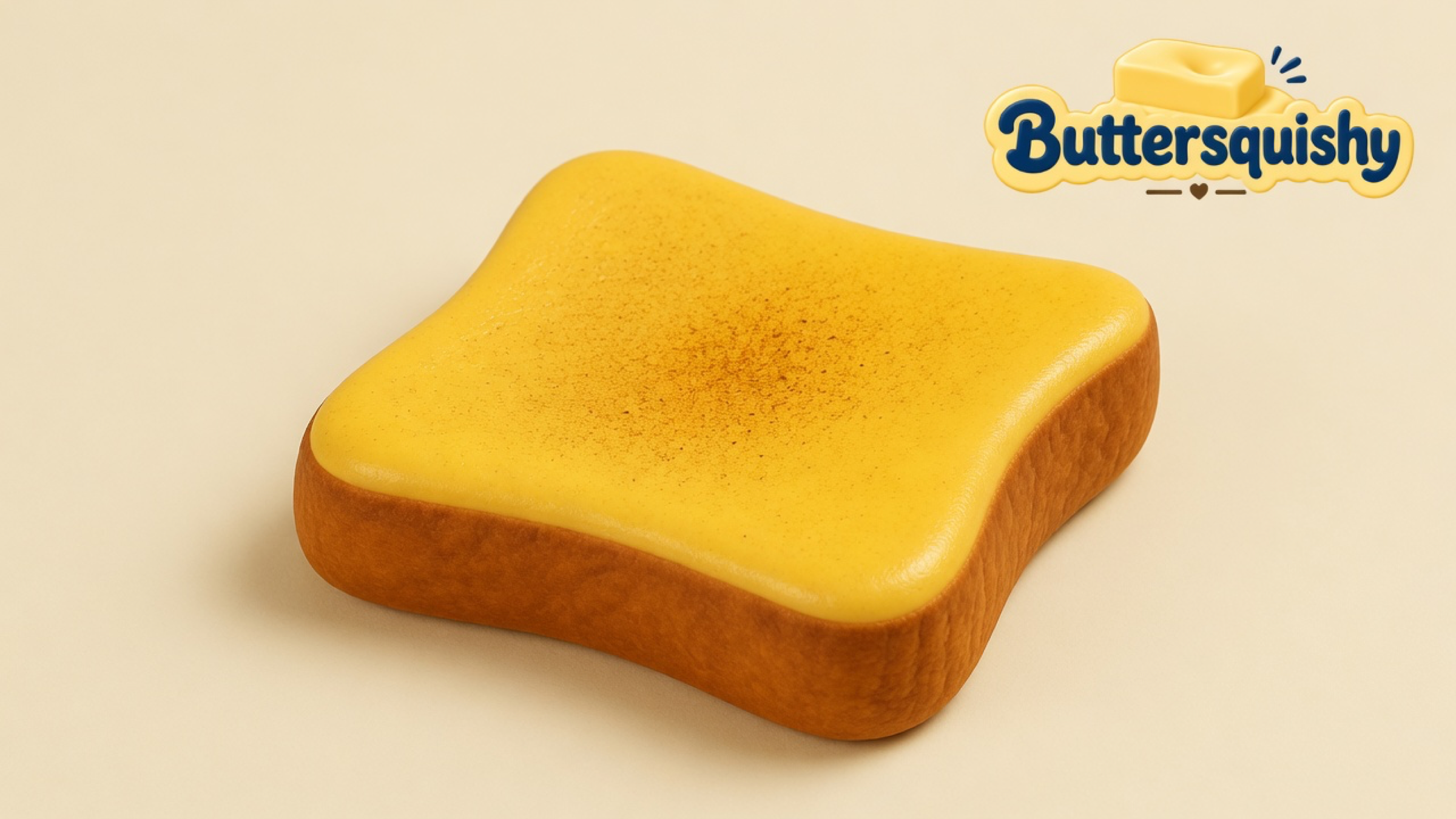 A square toast-shaped loaf with a glossy butter-yellow face, cinnamon-brown center dust, and toasted crust walls on a light-yellow cream studio, Buttersquishy logo at upper right