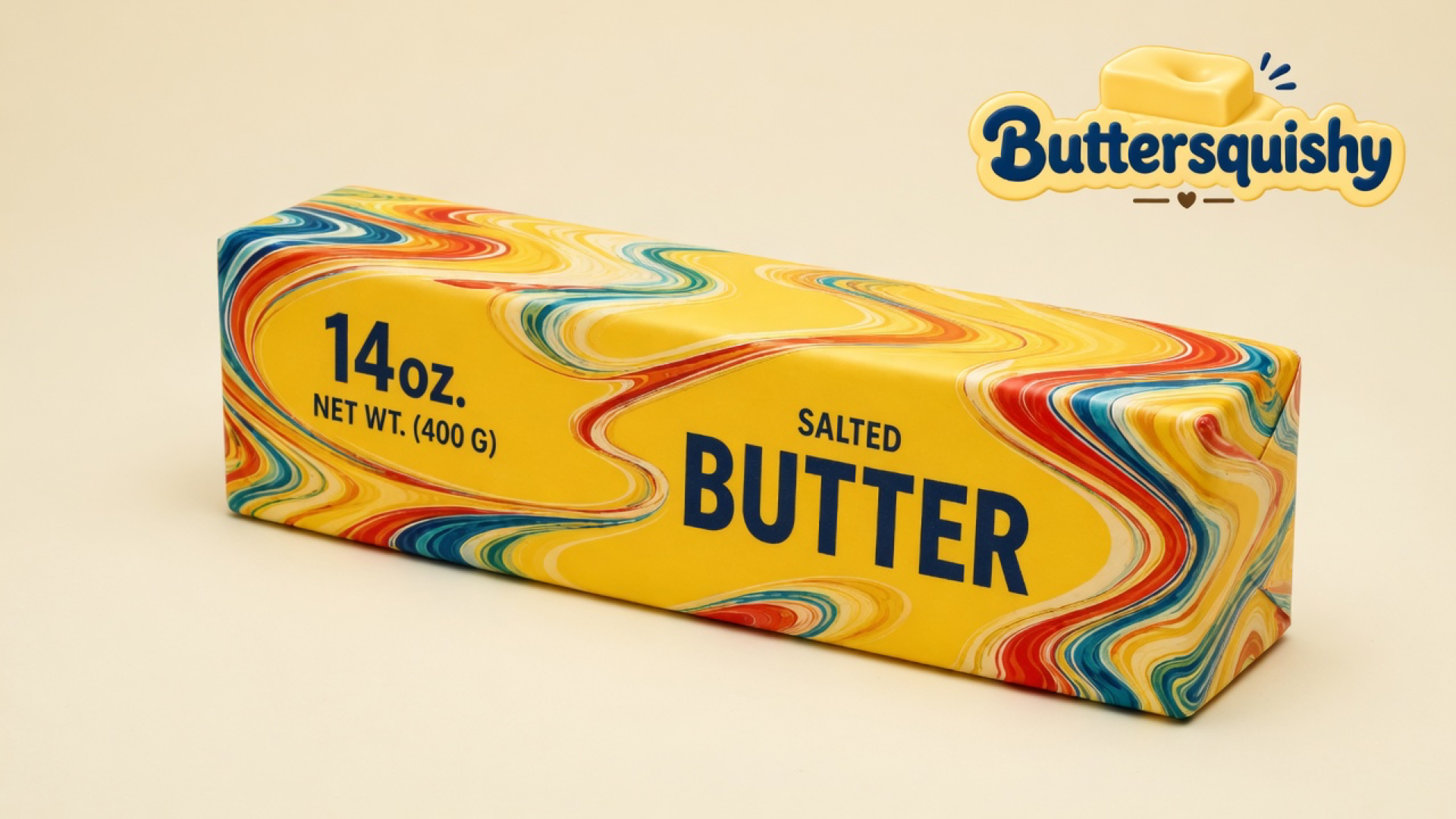 Yellow Jumbo Swirl Loaf 14oz rectangle with marble end ribbons and navy SALTED BUTTER type on a light-yellow cream studio, Buttersquishy logo at upper right