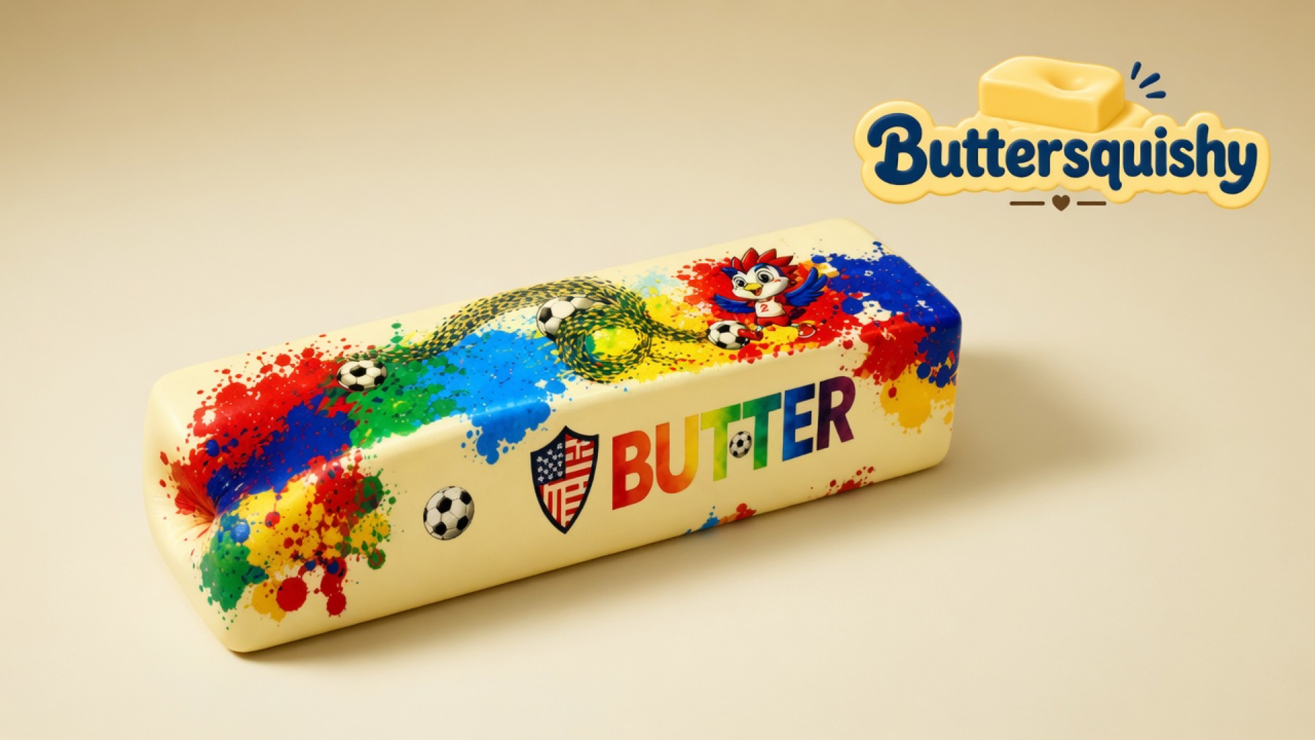 Splash Marble Butter stick with soccer-splash print on a warm cream sweep, brand mark in the top corner