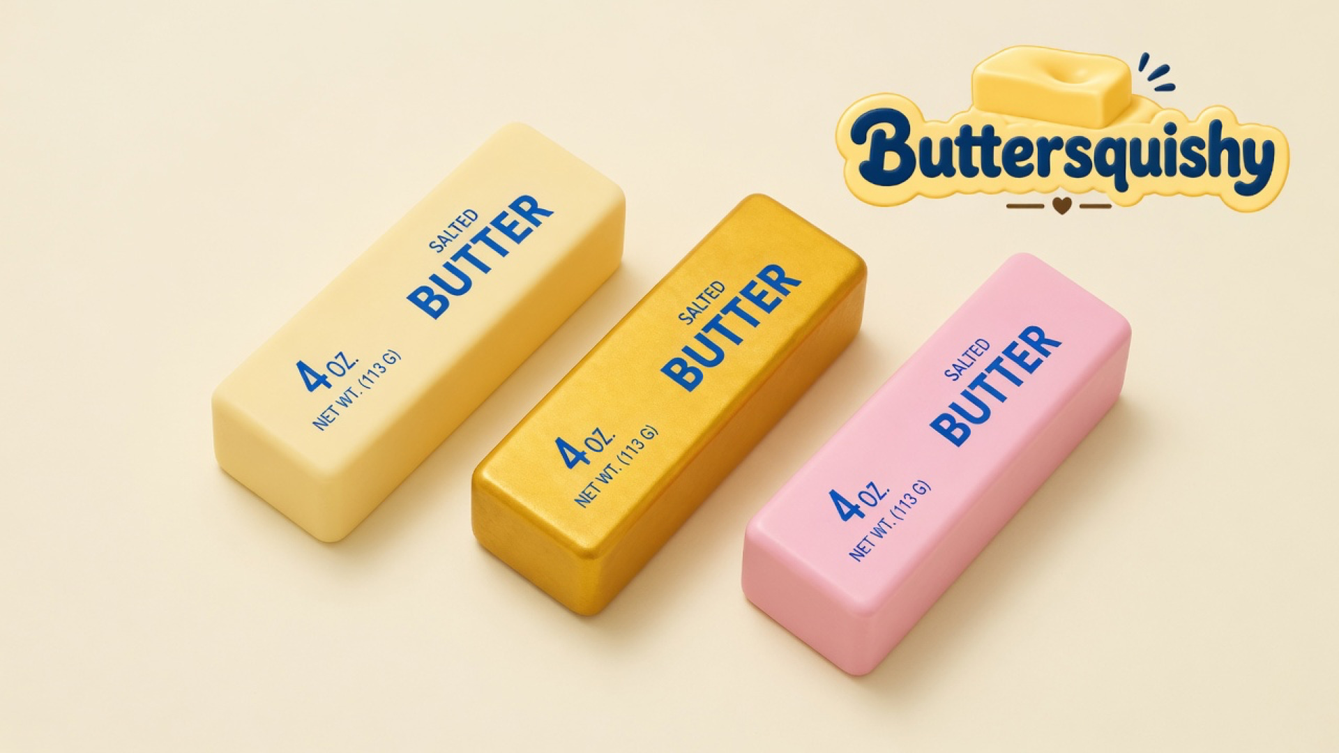 Three cream, gold, and pink Sunset Trio Butter sticks on a cream studio background, Buttersquishy logo at upper right