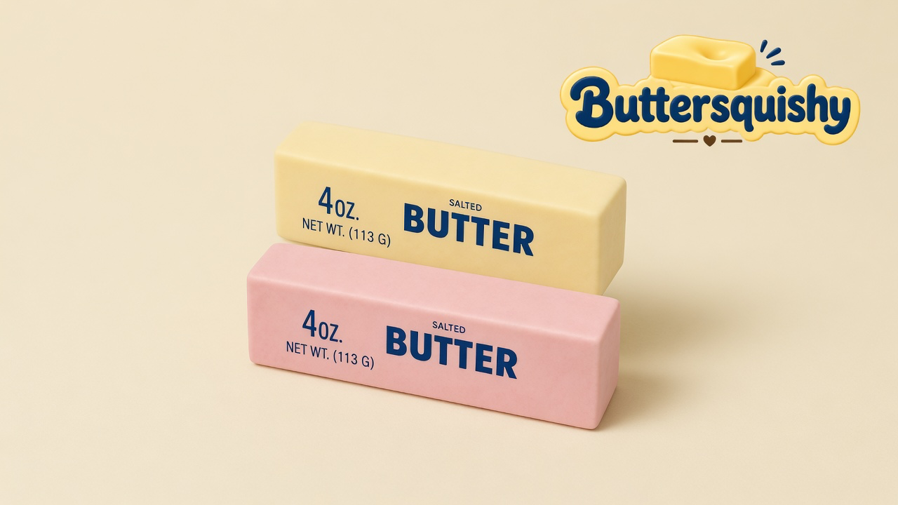 Cream-yellow and blush-pink SALTED BUTTER sticks on a light-yellow cream studio surface, Buttersquishy logo in the upper right