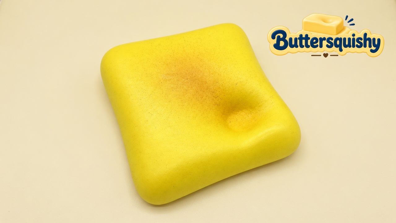 A square lemon-yellow toast-style loaf with a toasted-brown center blot on a light-yellow cream studio surface, Buttersquishy logo in the upper right