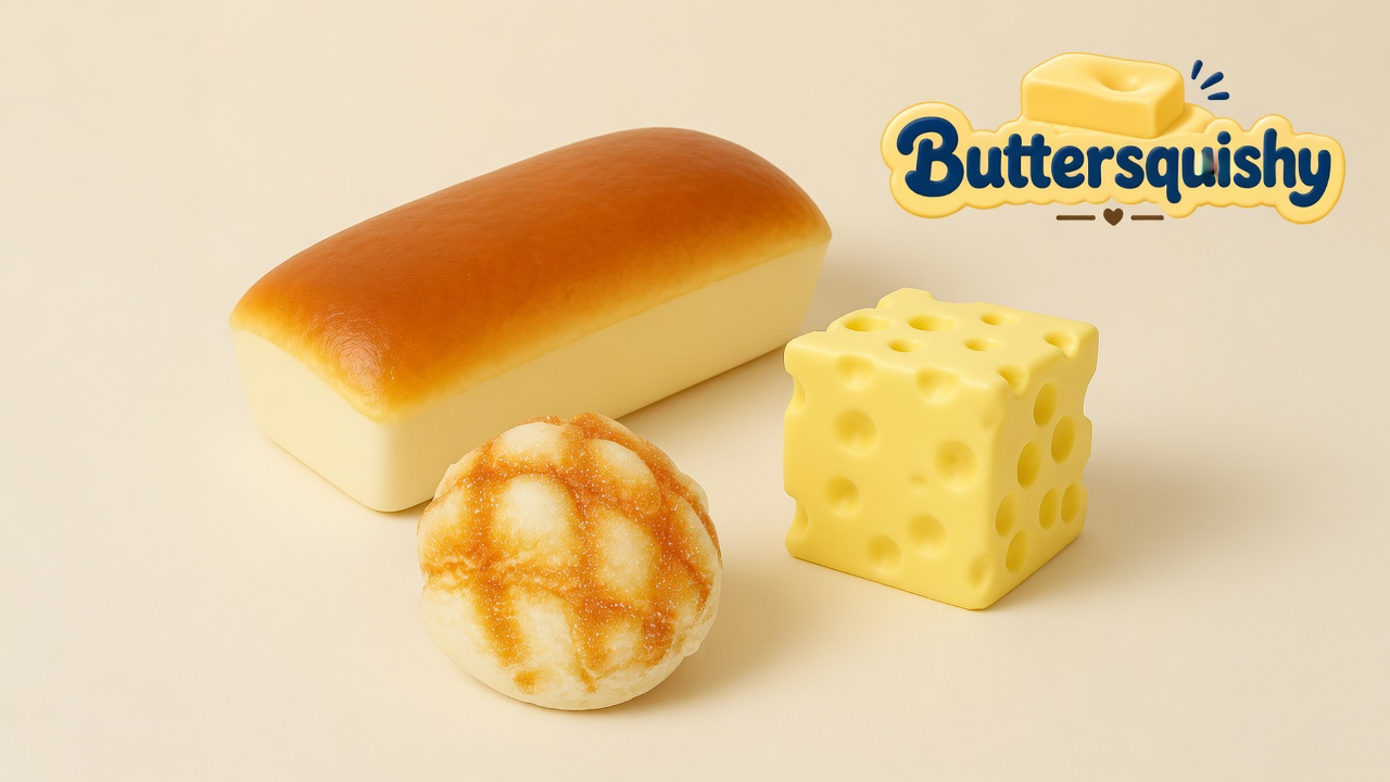 Three bakery-style toys — a golden milk-bread loaf, a grid bun, and a holey yellow cheese cube — on a light-yellow cream studio surface, Buttersquishy logo in the upper right