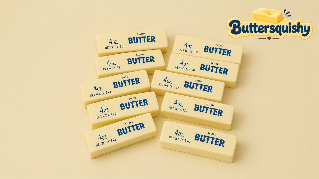 Ten pale-yellow SALTED BUTTER sticks fanned on a light-yellow cream studio surface, Buttersquishy logo in the upper right