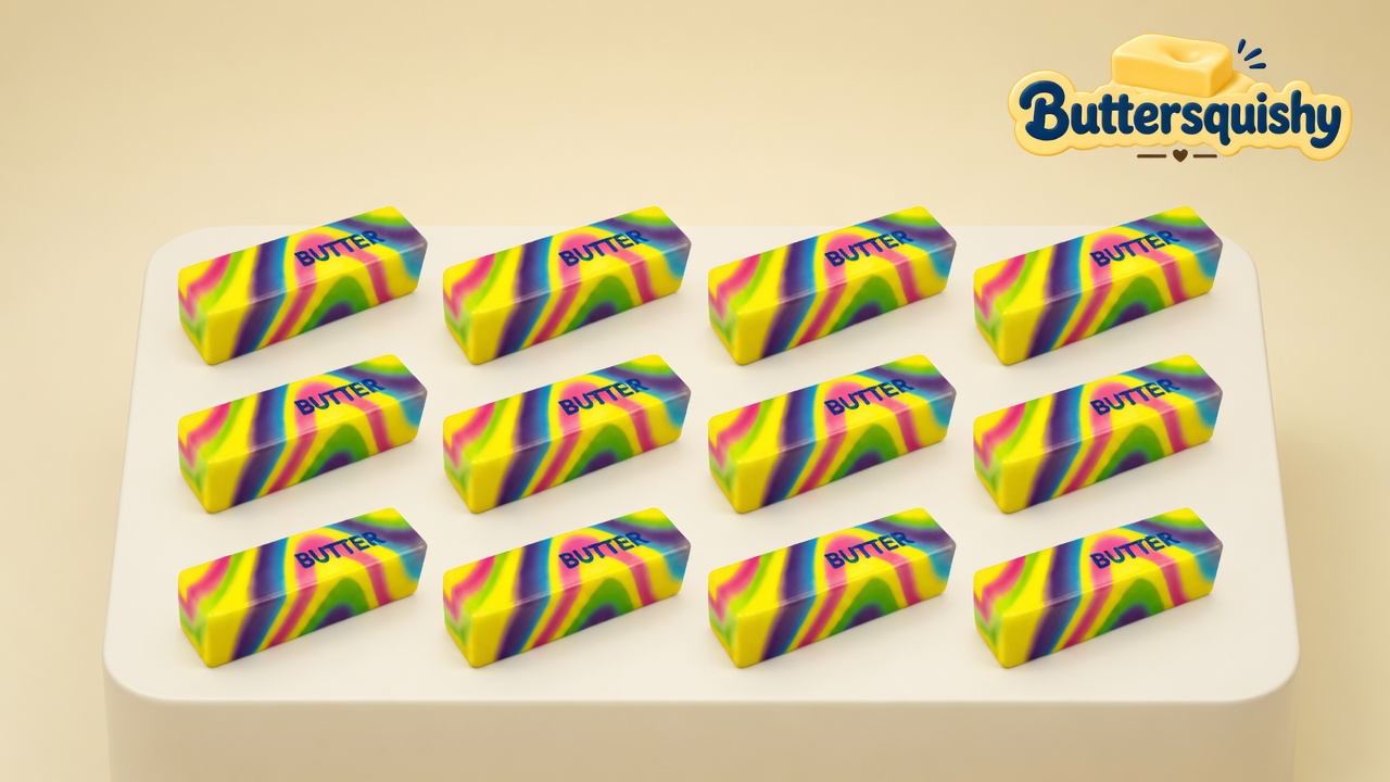 Cream-studio grid of twelve neon-swirl loaves with navy BUTTER type, brand mark at top-right