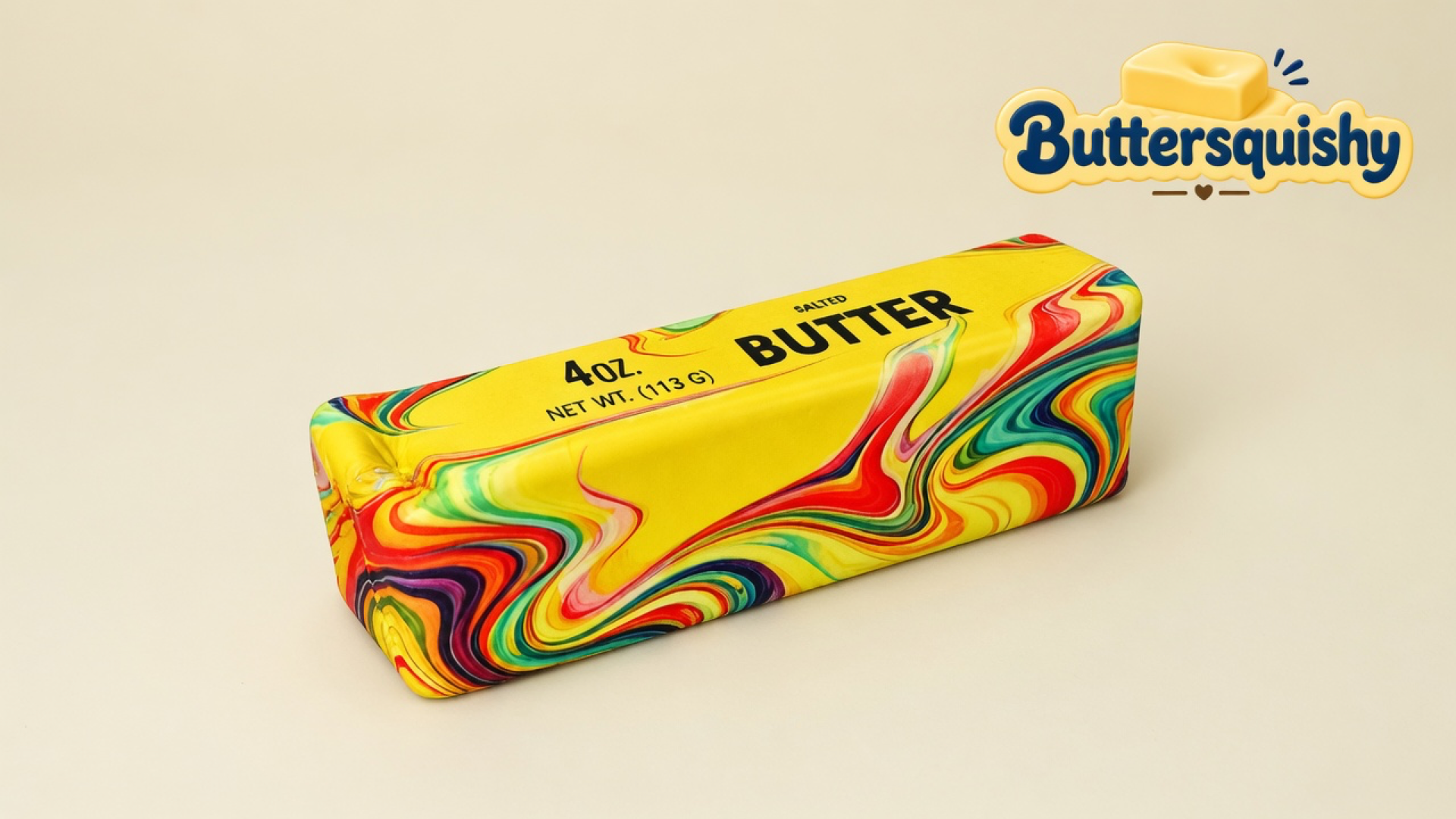 One Oil-Paint Swirl Butter stick with a yellow SALTED BUTTER face and oil-paint marble sides on a light-yellow cream studio surface, Buttersquishy logo in the upper right