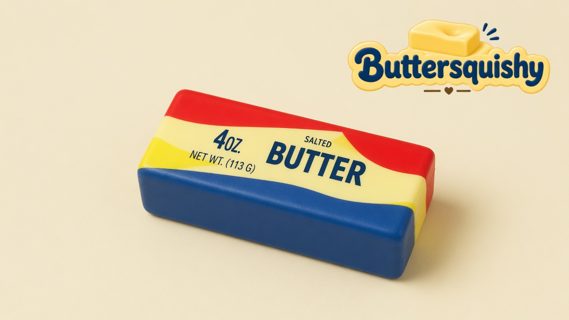 One Rainbow Stripe Butter stick with red, yellow, and blue bands on a cream studio background, Buttersquishy logo at upper right