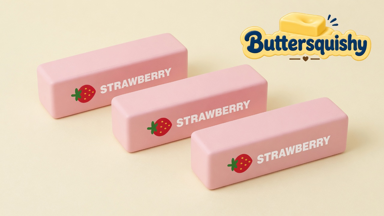Three identical pale-pink STRAWBERRY butter sticks with fruit icons on a light-yellow cream studio surface, Buttersquishy logo in the upper right
