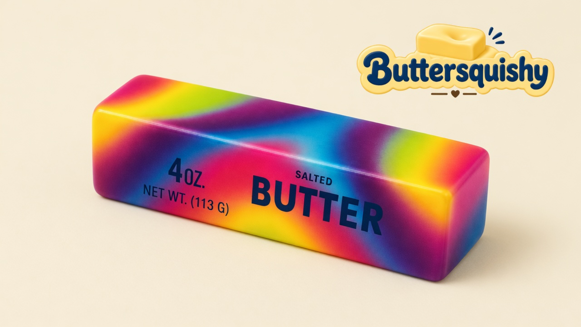 One Neon Swirl Butter stick with a blended pink-yellow-blue swirl and navy SALTED BUTTER print on a cream studio background, Buttersquishy logo in the upper right