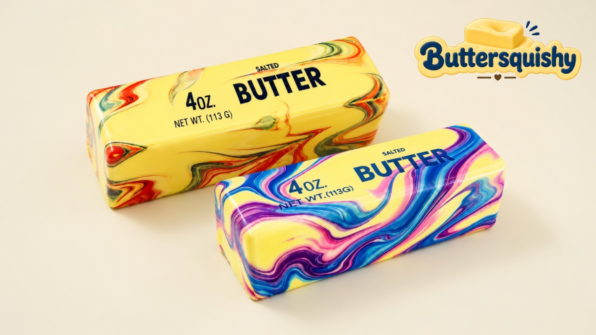 Warm red-gold marble butter loaf with black type beside a cool blue-violet-pink marble loaf with blue type on a light-yellow cream studio, Buttersquishy logo in the upper right