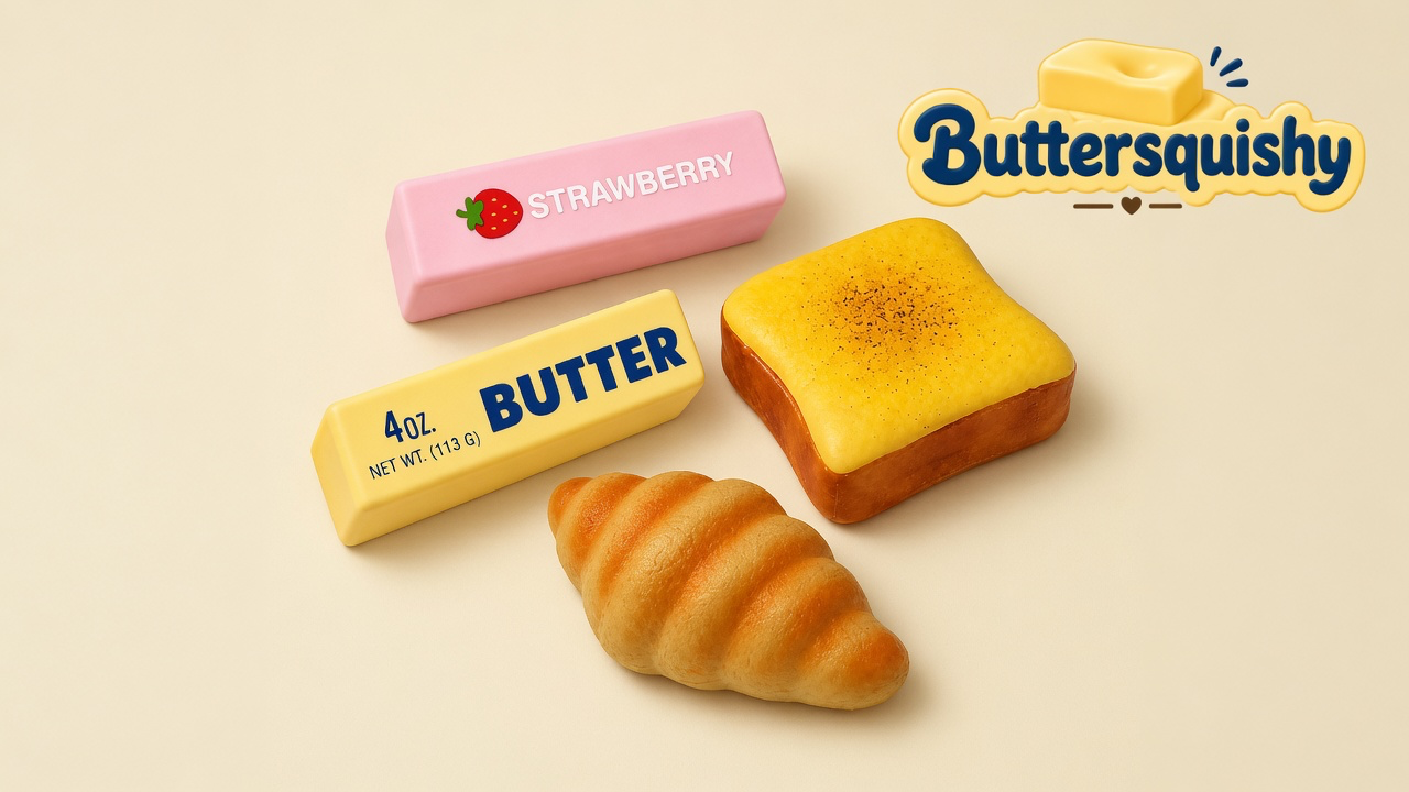 Pink STRAWBERRY stick, navy BUTTER bar, toasted-yellow toast square, and a layered croissant on a light-yellow cream studio surface, Buttersquishy logo in the upper right