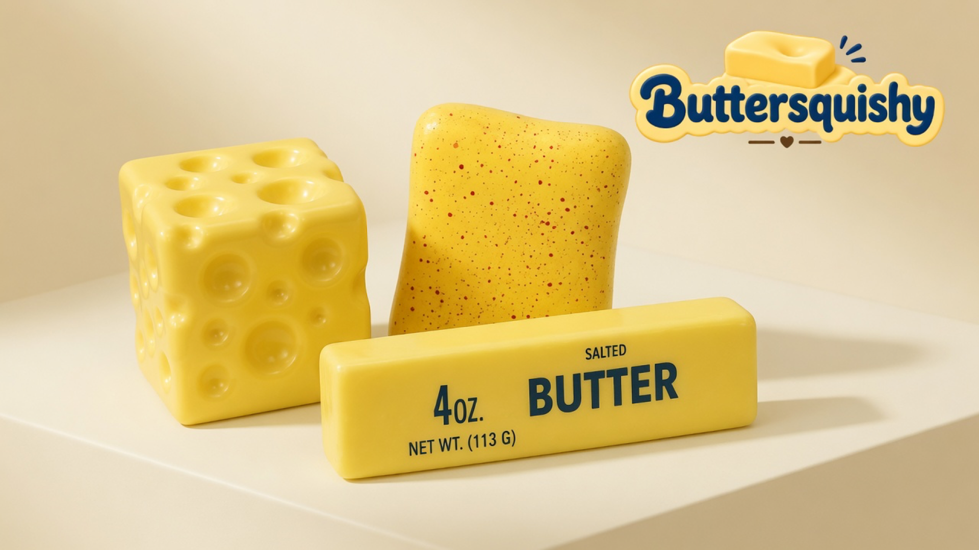 Yellow Swiss-hole cube, red-speckled slab, and navy SALTED BUTTER stick on a light-yellow cream studio block, Buttersquishy logo in the upper right
