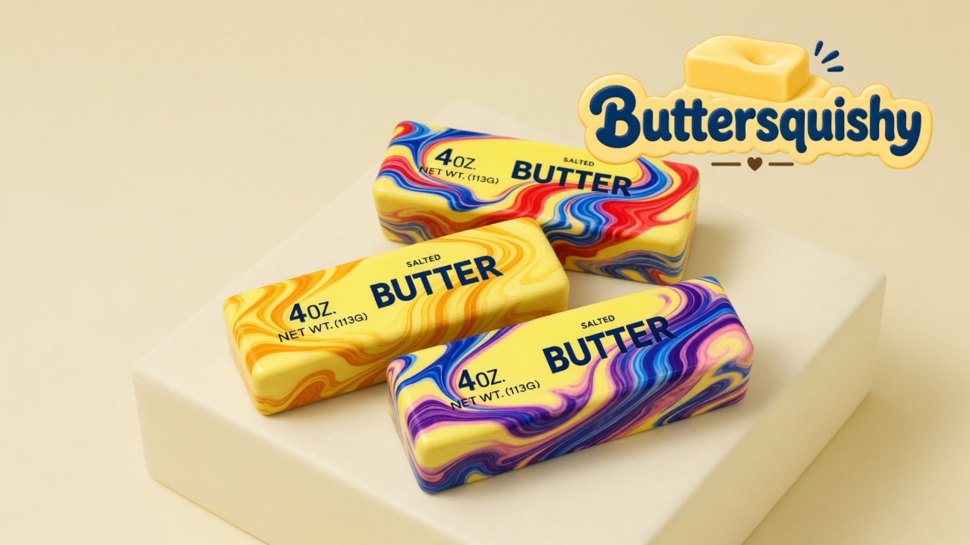 Three Oil-Paint Swirl Butter sticks — gold-orange, red-blue, and purple-magenta marble rims with yellow SALTED BUTTER faces — on a light-yellow cream studio block, Buttersquishy logo in the upper right