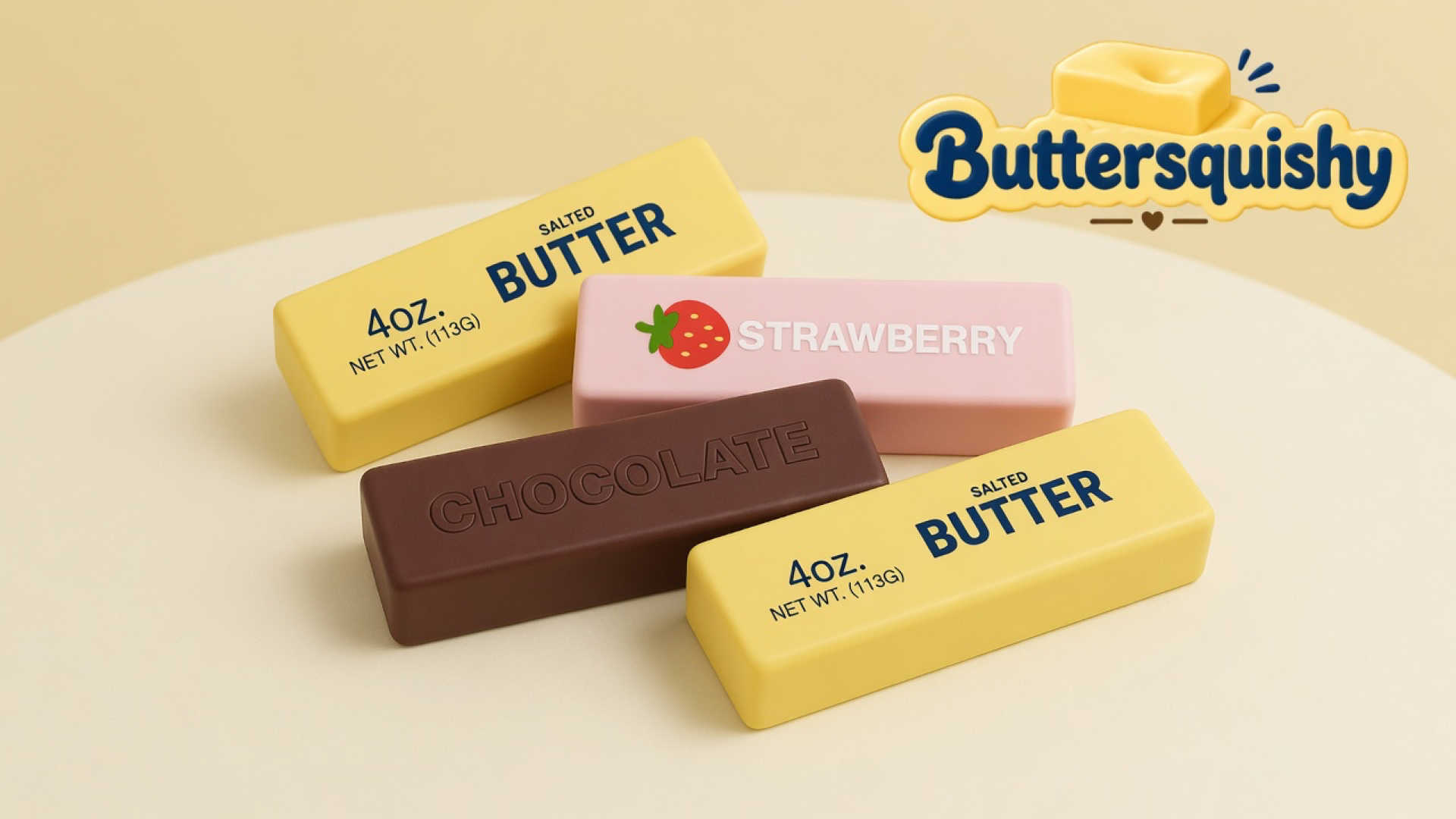 Four Strawberry Chocolate Butter sticks — two yellow salted-butter prints, one pink strawberry loaf, and one brown chocolate loaf — on a cream studio surface, Buttersquishy logo in the upper right
