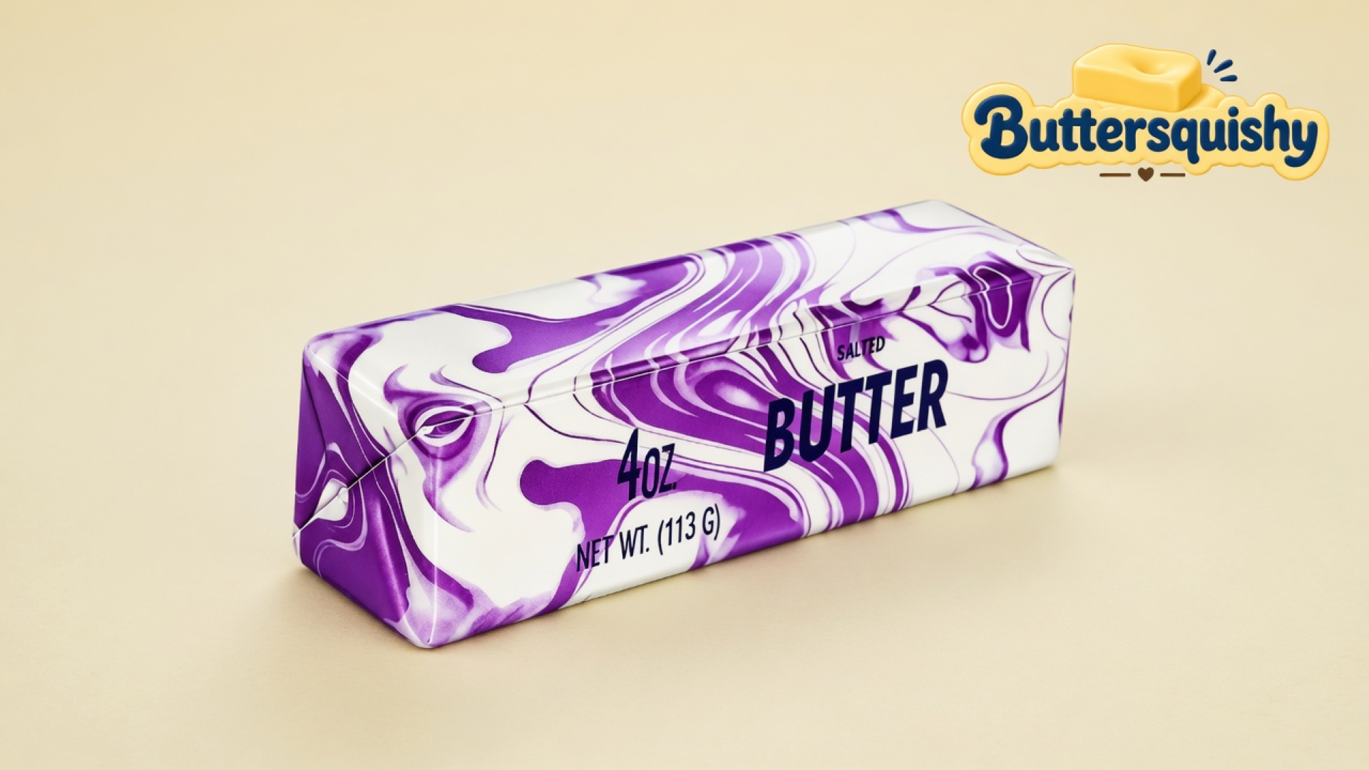 Violet Marble Butter loaf with a white field and flowing violet marble swirls on a light-yellow cream studio surface, Buttersquishy logo in the upper right