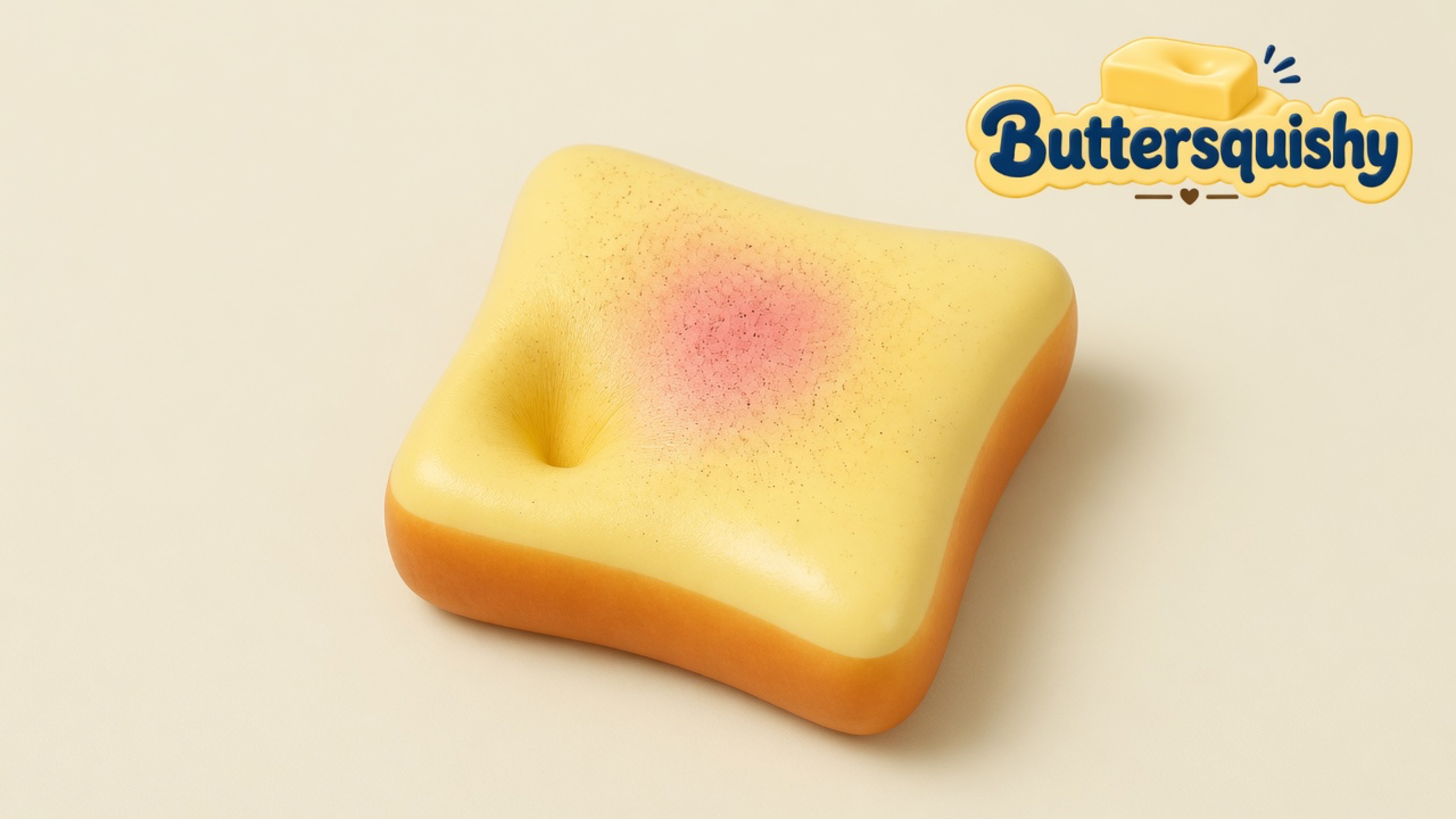 Toast-slice Bread Toast Loaf on a cream studio table, Buttersquishy logo upper right