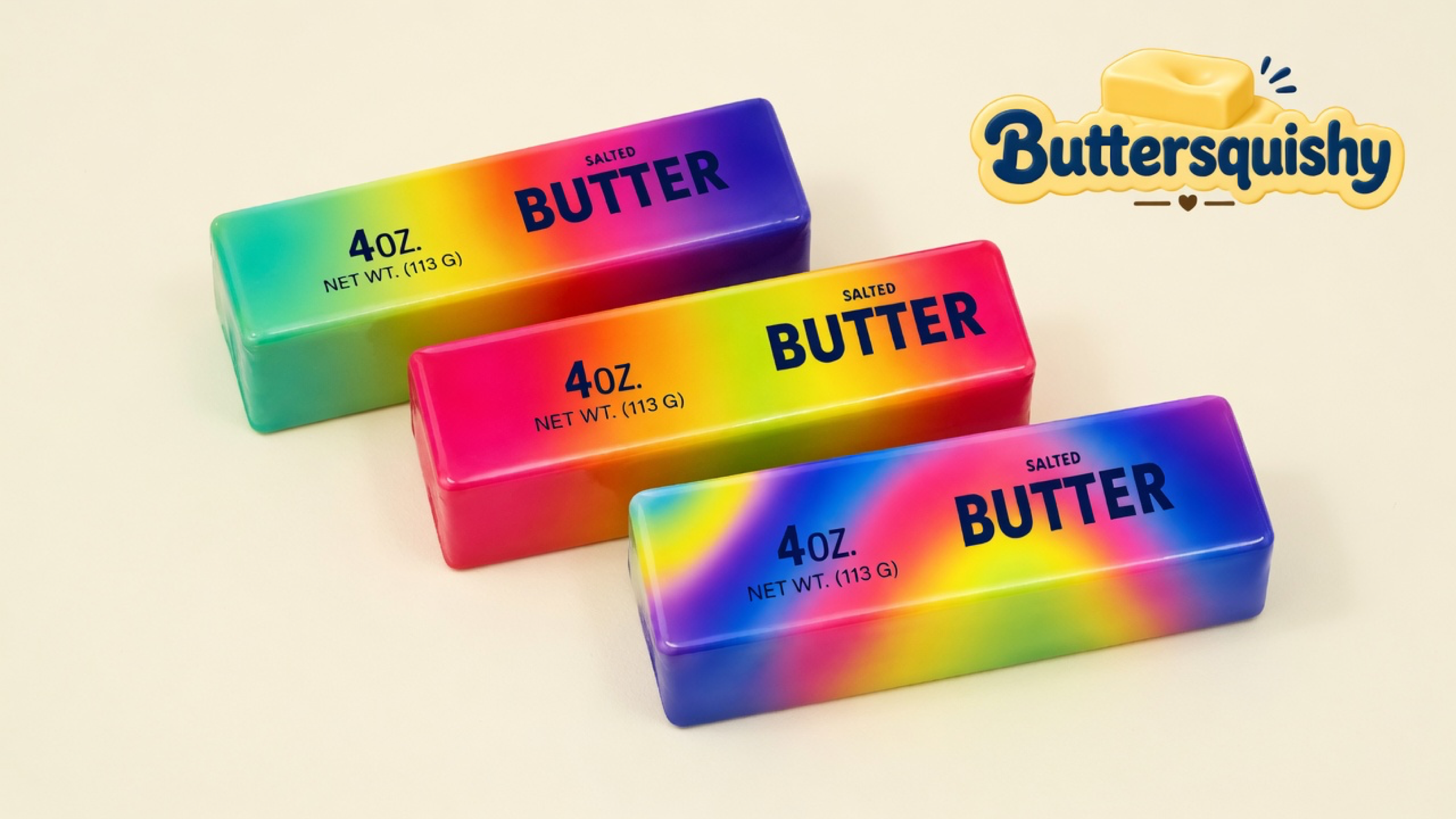 Three Candy Gradient Butter loaves — mint-to-violet, magenta with a lime wash, and an indigo swirl — printed with navy SALTED BUTTER type on a light-yellow cream studio table, Buttersquishy logo in the upper right