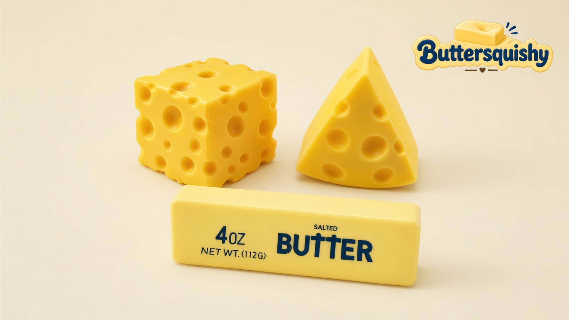 Holey cheddar cube, triangular cheese wedge, and pale stick printed navy SALTED BUTTER on a light-yellow cream studio table, Buttersquishy logo in the upper right