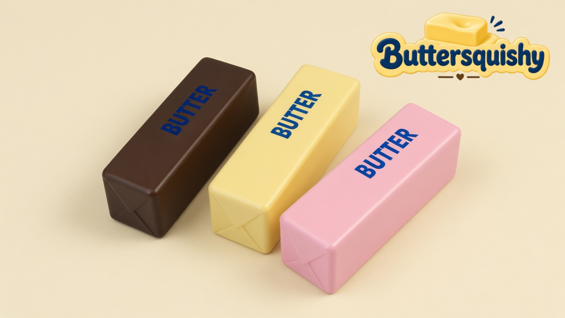 Three Chocolate Berry Butter sticks in chocolate brown, pale yellow, and berry pink with navy BUTTER prints on a cream studio surface, Buttersquishy logo in the upper right
