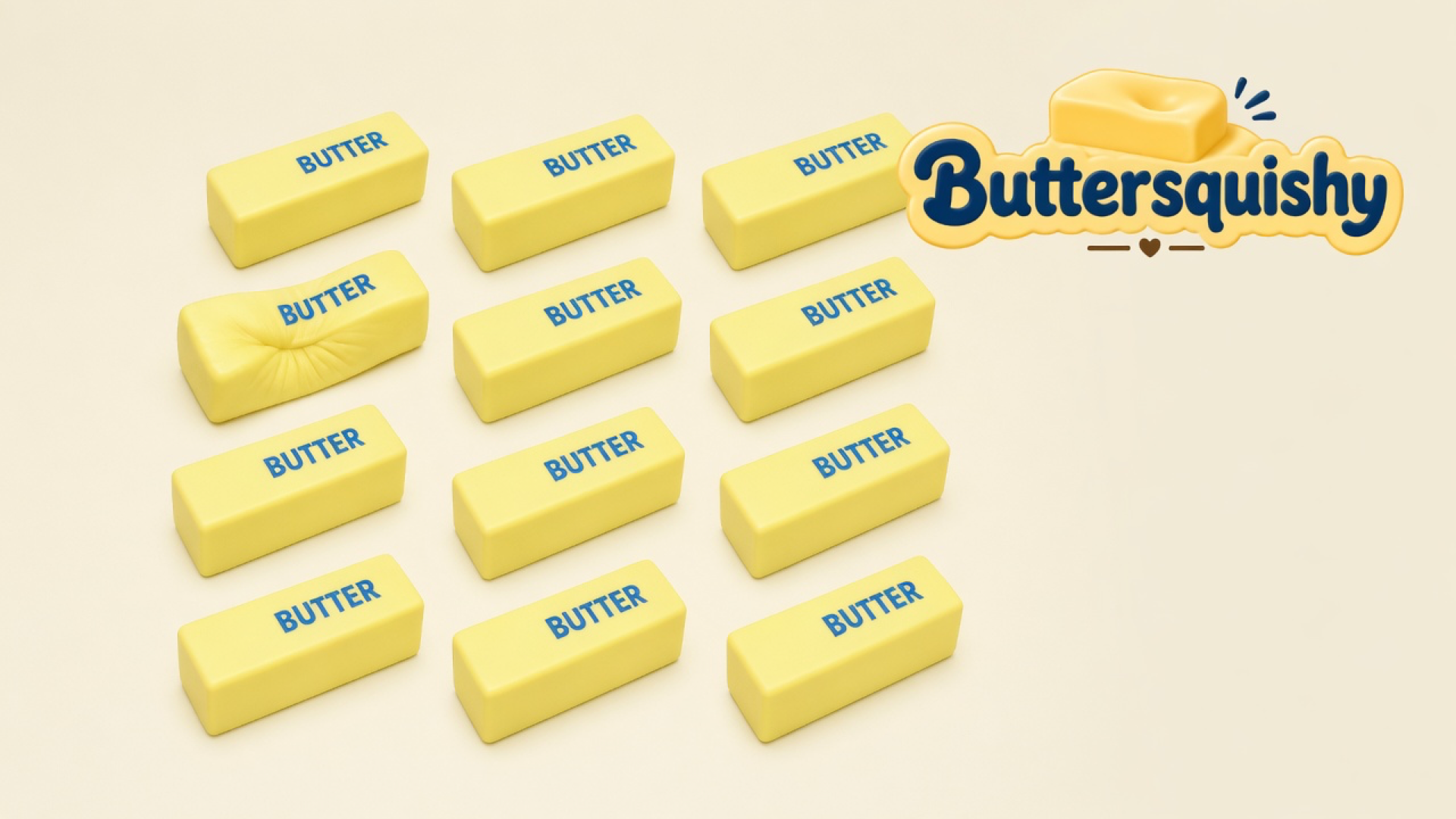 Twelve pale-yellow rectangular Classic butter sticks printed navy BUTTER, one loaf with a thumb dent, on a light-yellow cream studio table with the Buttersquishy logo in the upper right