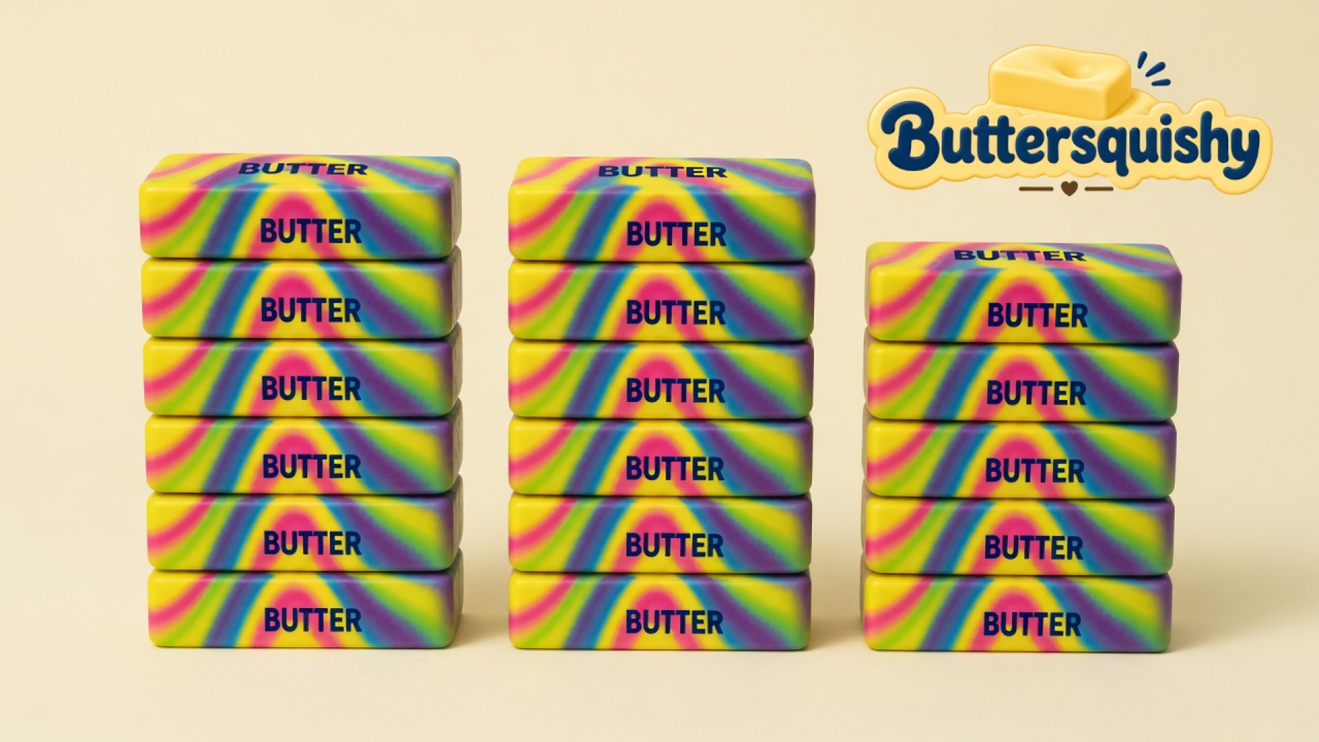 Eighteen Neon Swirl Butter sticks in three stacks of six, melted yellow-magenta-cyan-purple skins with navy BUTTER type, on a light-yellow cream studio table, Buttersquishy logo in the upper right
