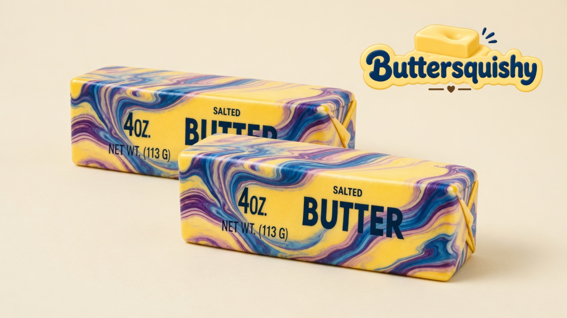 Two Oil-Paint Swirl Butter sticks with yellow SALTED BUTTER faces and blue-purple marble swirls on a light-yellow cream studio table, Buttersquishy logo in the upper right