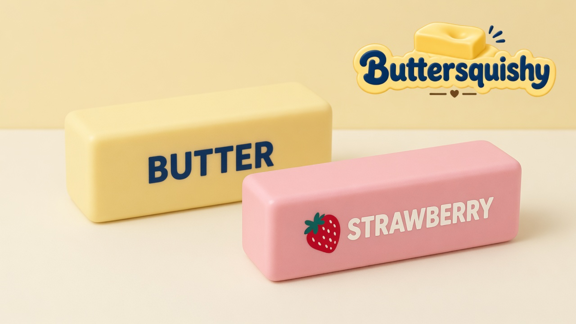 Pale yellow BUTTER loaf and pink STRAWBERRY loaf on a light-yellow cream studio table, Buttersquishy logo in the upper right