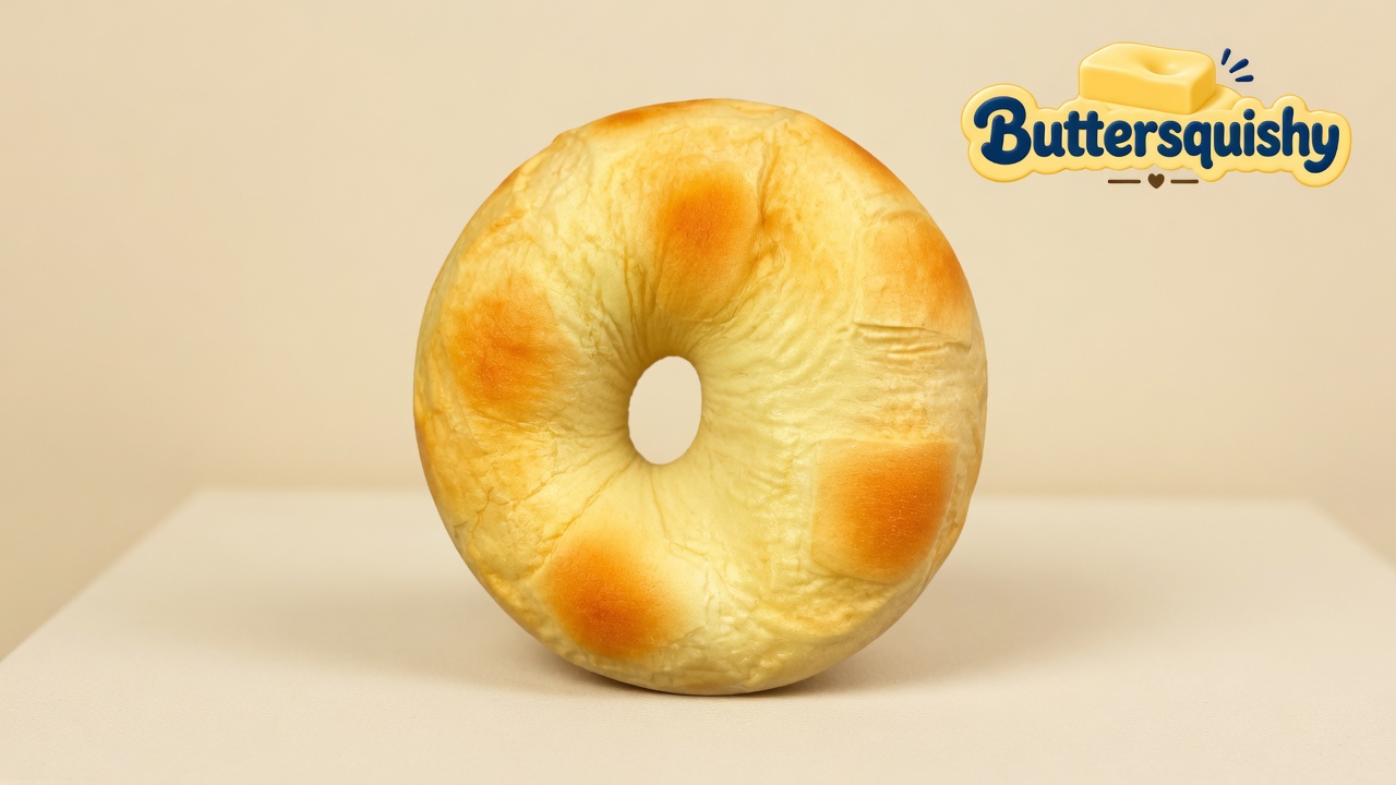 Round cream bread-toast ring bun with toasted golden blotches and a center hole on a light-yellow cream studio surface, Buttersquishy logo in the upper right