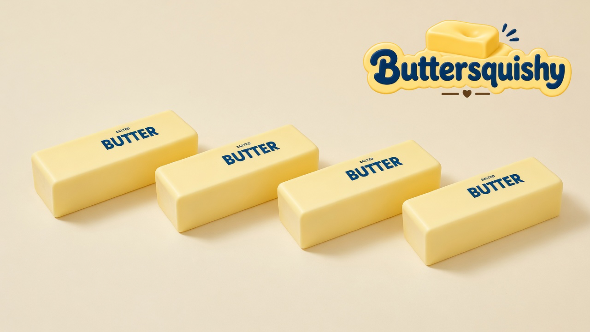 Four pale-yellow rectangular butter sticks printed SALTED BUTTER on a light-yellow cream studio surface, Buttersquishy logo in the upper right