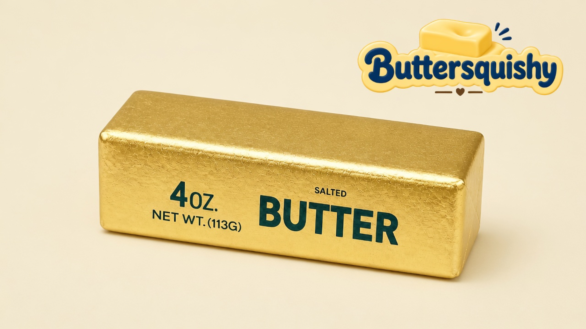 One metallic gold-foil Golden Butter Stick printed 4OZ. NET WT.(113G) SALTED BUTTER on a soft light-yellow cream studio, Buttersquishy logo in the upper right