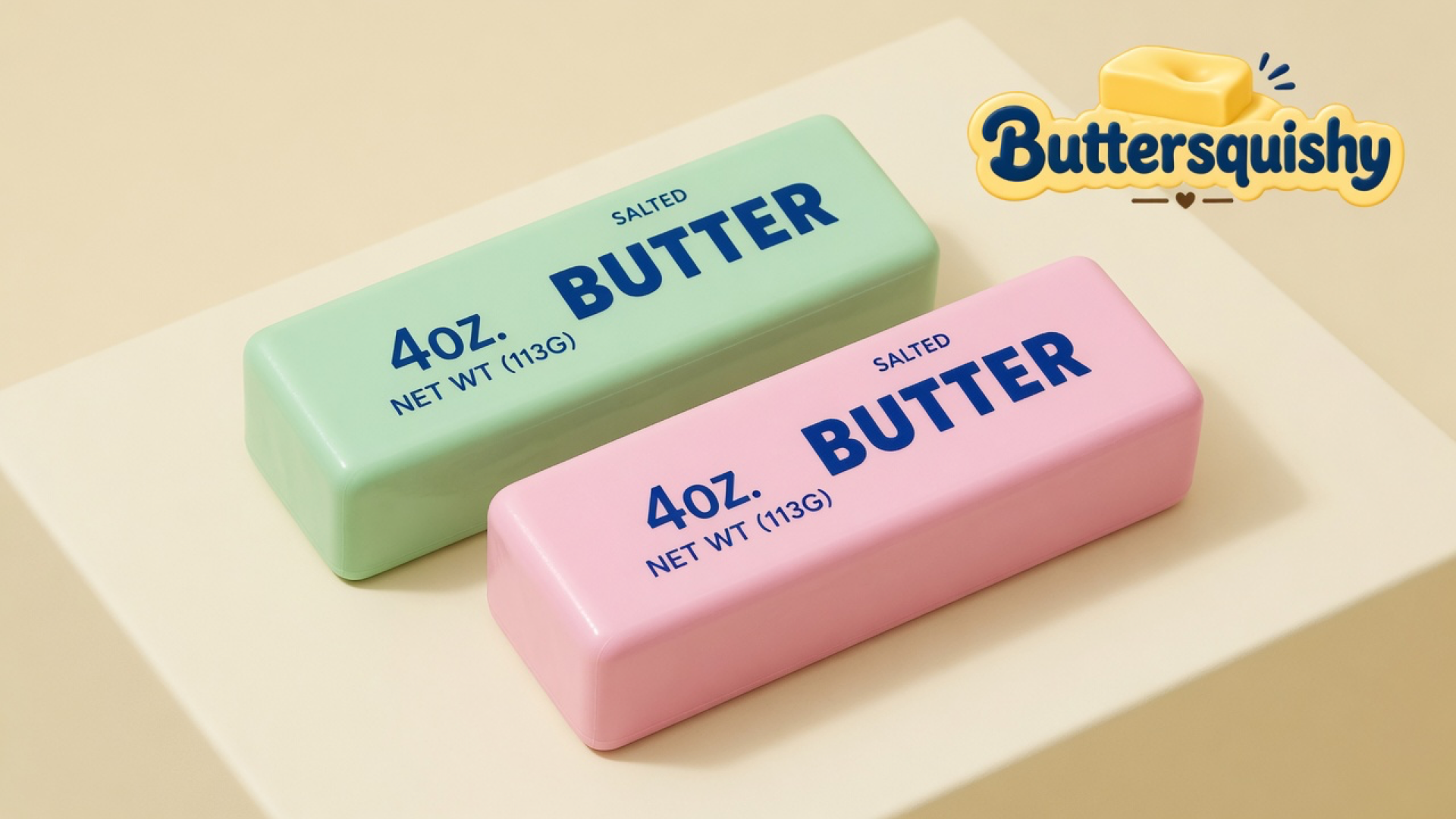 Pale mint-green and candy-pink butter-shaped loaves printed SALTED BUTTER on a light-yellow cream studio surface, Buttersquishy logo in the upper right