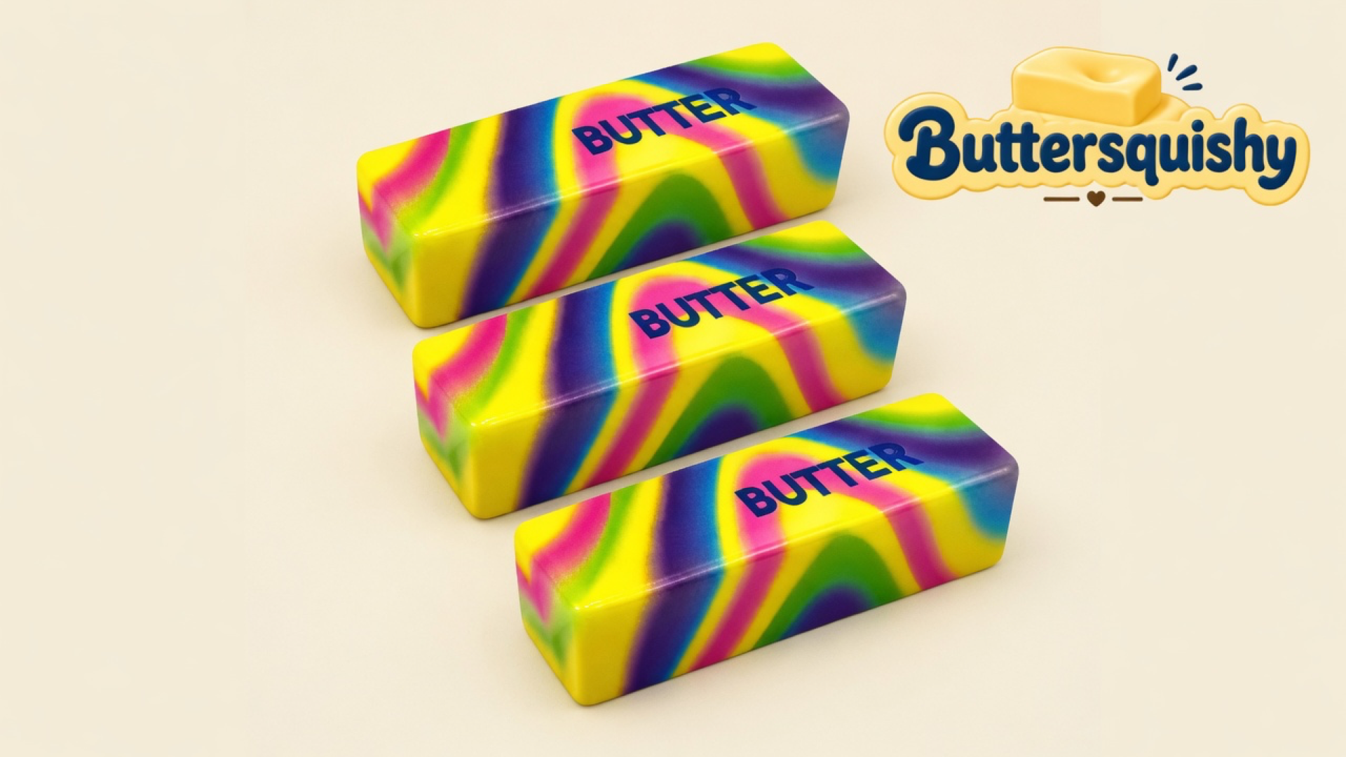 Three rectangular neon-swirl butter sticks printed BUTTER on a light-yellow cream studio surface, Buttersquishy logo in the upper right