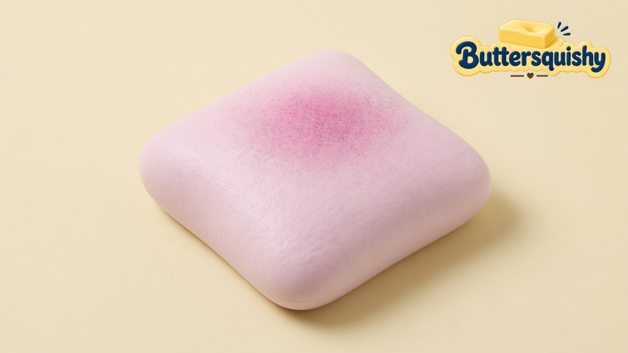 A pale-pink rounded-square bread loaf squishy with a raspberry-magenta spray in the center on a light-yellow cream studio surface, Buttersquishy logo in the upper right