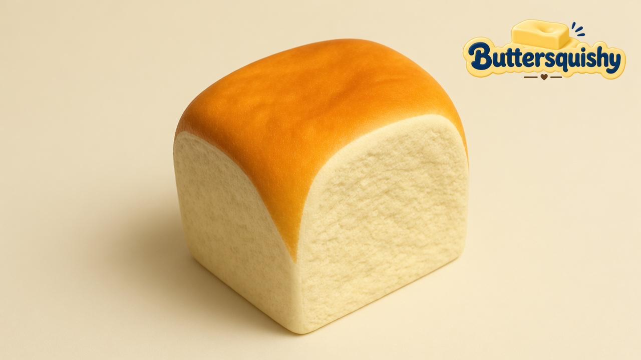 A single milk-bread loaf squishy with a baked-gold crust cap and ivory crumb walls on a light-yellow cream studio surface, Buttersquishy logo in the upper right