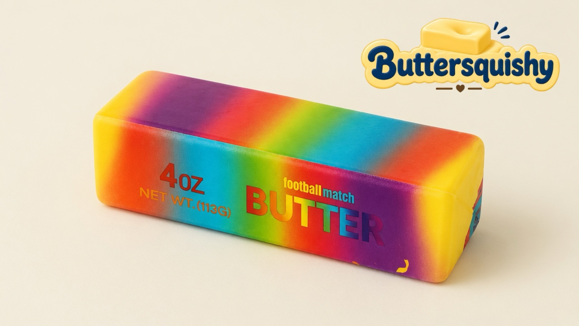 One Candy Gradient Butter loaf with blended yellow-to-violet candy bands and football-match BUTTER print on a light-yellow cream studio surface, Buttersquishy logo in the upper right