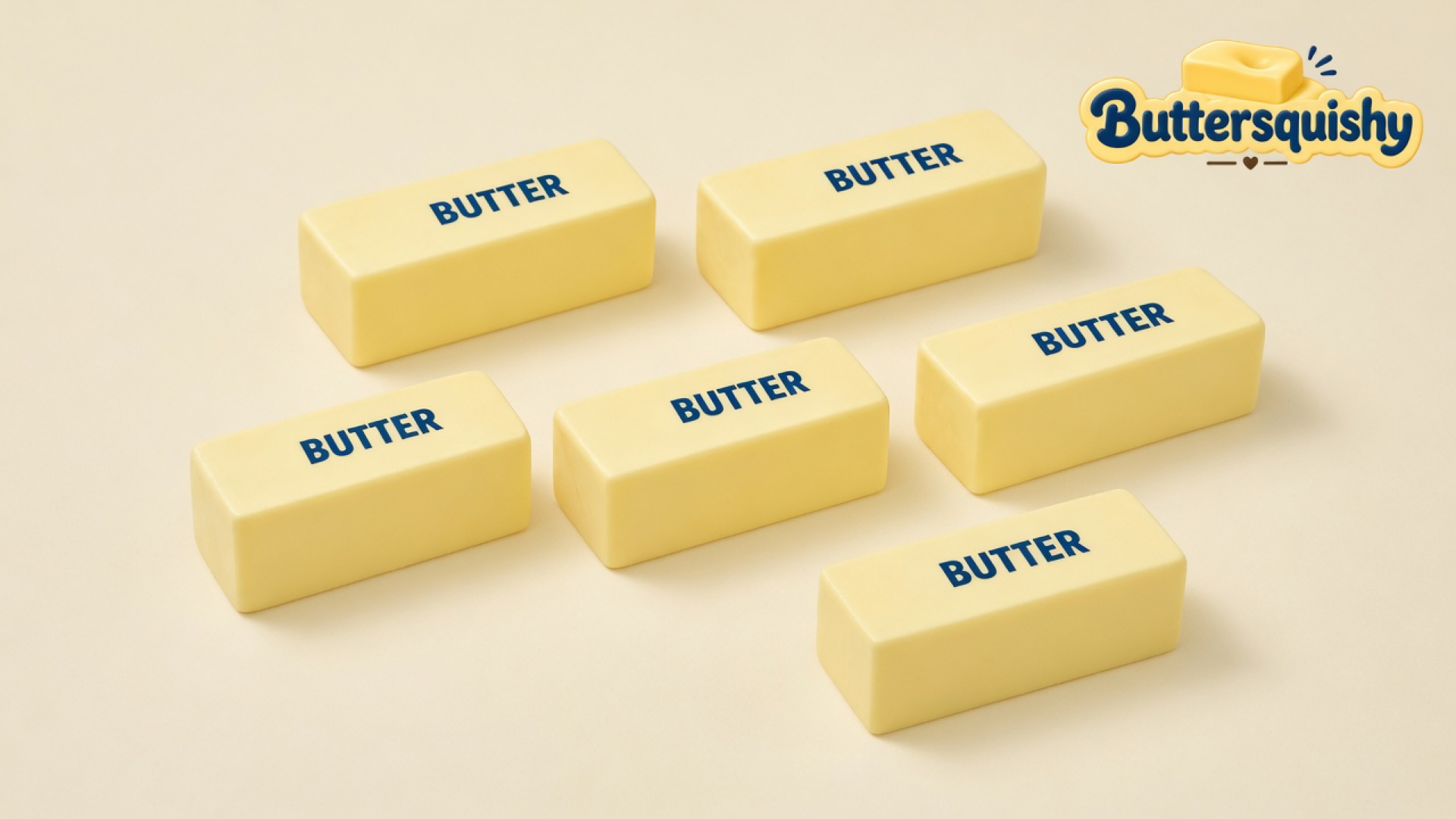 Six matching pale-yellow butter sticks printed navy BUTTER on a light-yellow cream studio surface, Buttersquishy logo in the upper right