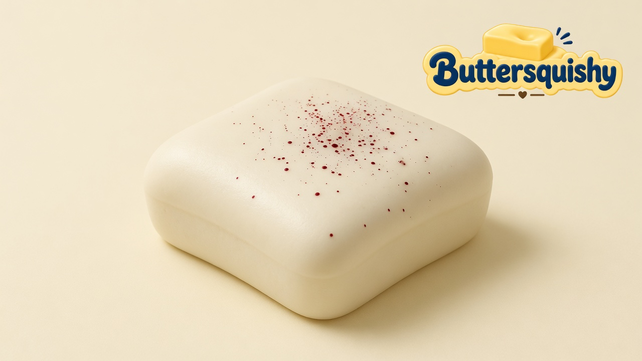 Cream-ivory rounded Bread Toast Loaf bun with a burgundy speckle field on a soft light-yellow cream studio, Buttersquishy logo in the upper right