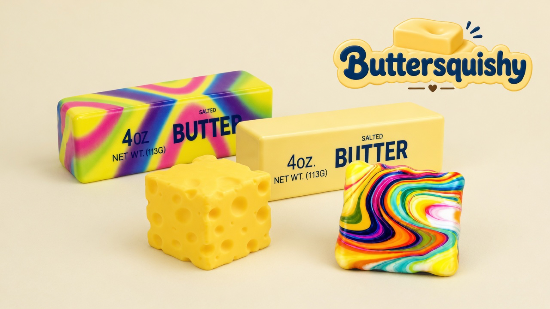 Four Cheese Cube Loaf 4-Pack toys — rainbow SALTED BUTTER stick, pale yellow grocery stick, holey cheddar cube, and rainbow swirl square — on a soft light-yellow cream studio, Buttersquishy logo in the upper right