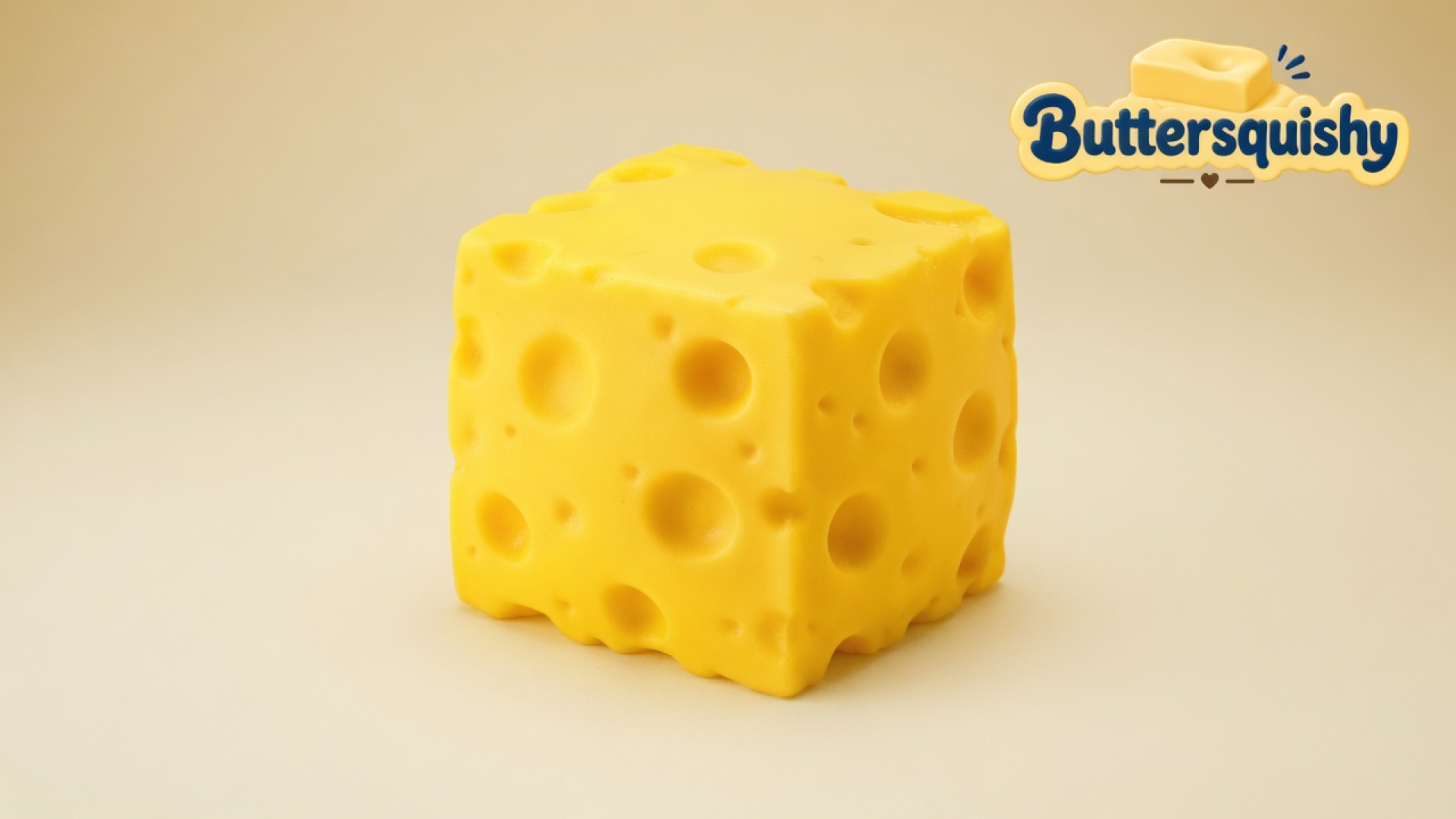 One cheddar-yellow Cheese Cube Loaf with mixed-size Swiss holes on a soft light-yellow cream studio surface, Buttersquishy logo in the upper right