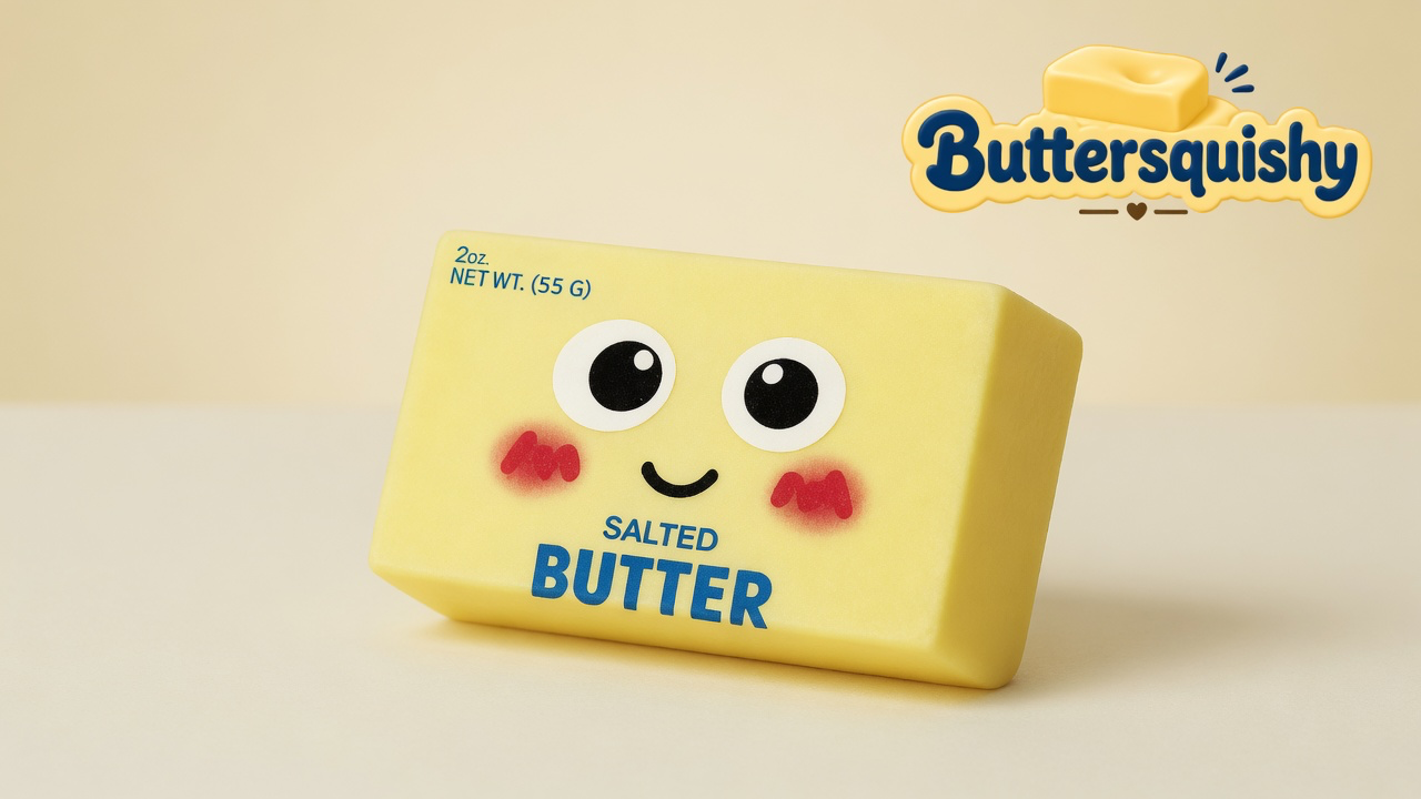 Pale yellow Face Cube Butter loaf with cartoon eyes, red blush, and blue SALTED BUTTER type on a soft light-yellow cream studio, Buttersquishy logo in the upper right